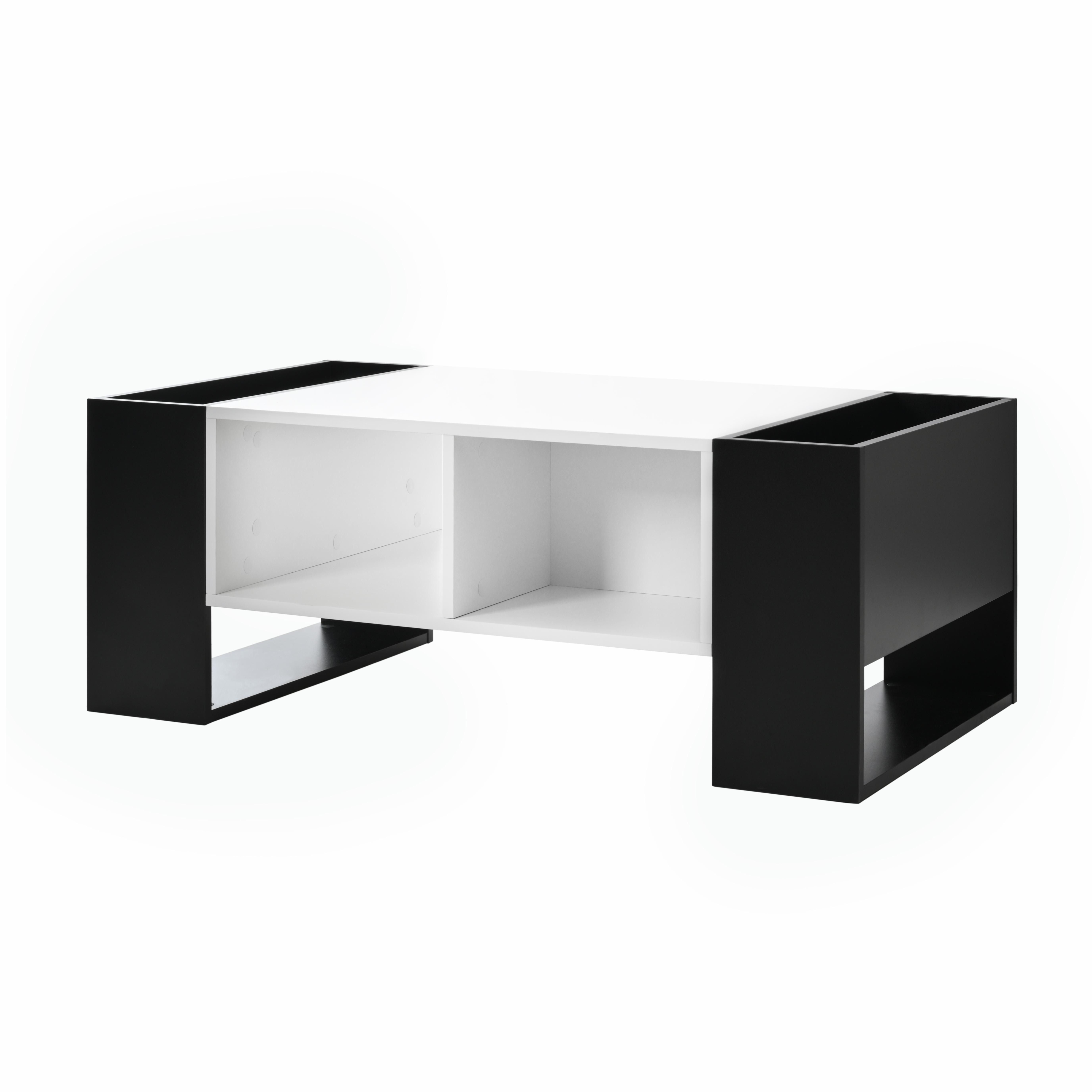 Moderner Couchtisch mit Schublade und weiß-schwarzem Design.
