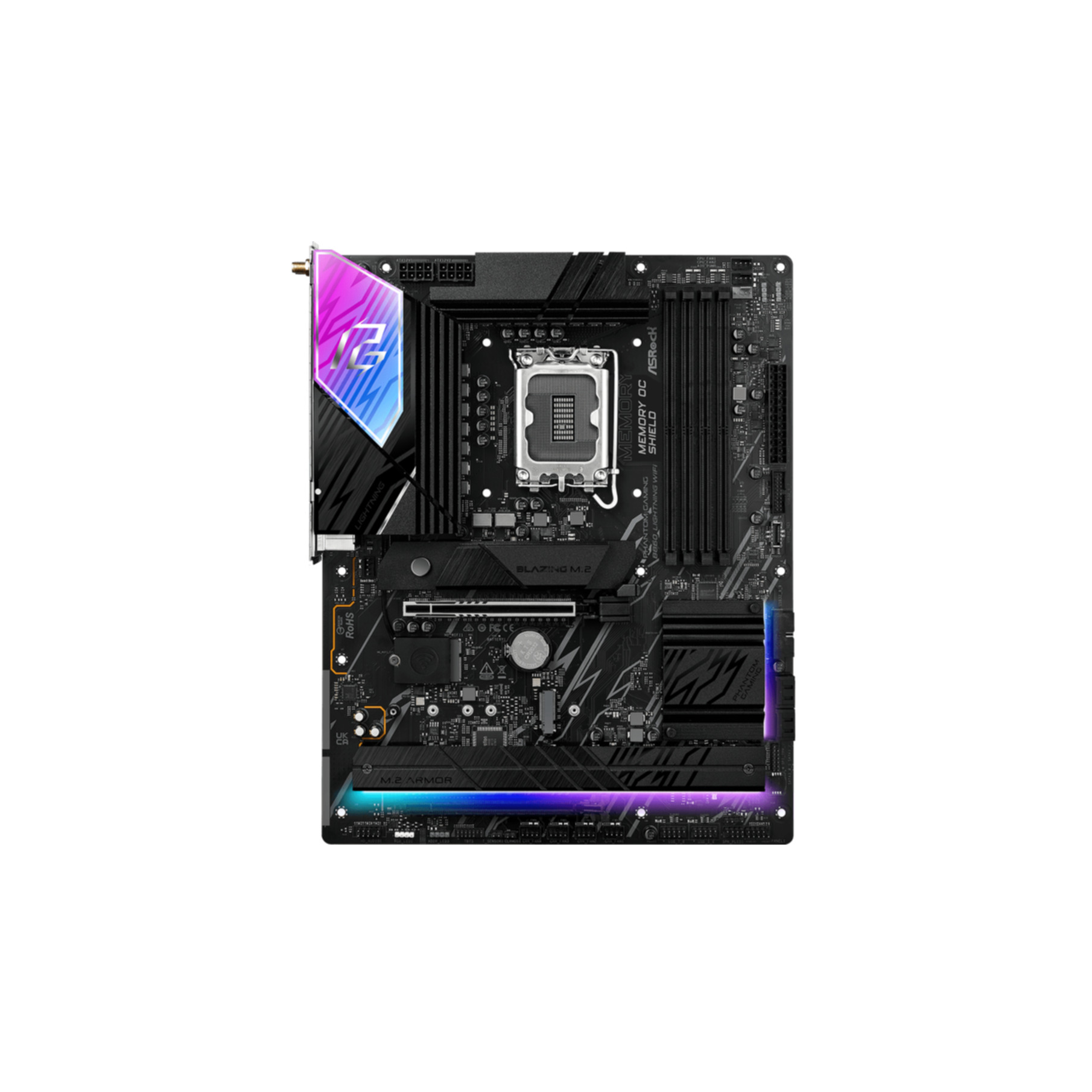 Czarna i szara płyta główna komputera z kolorowymi światłami. Posiada gniazdo procesora.