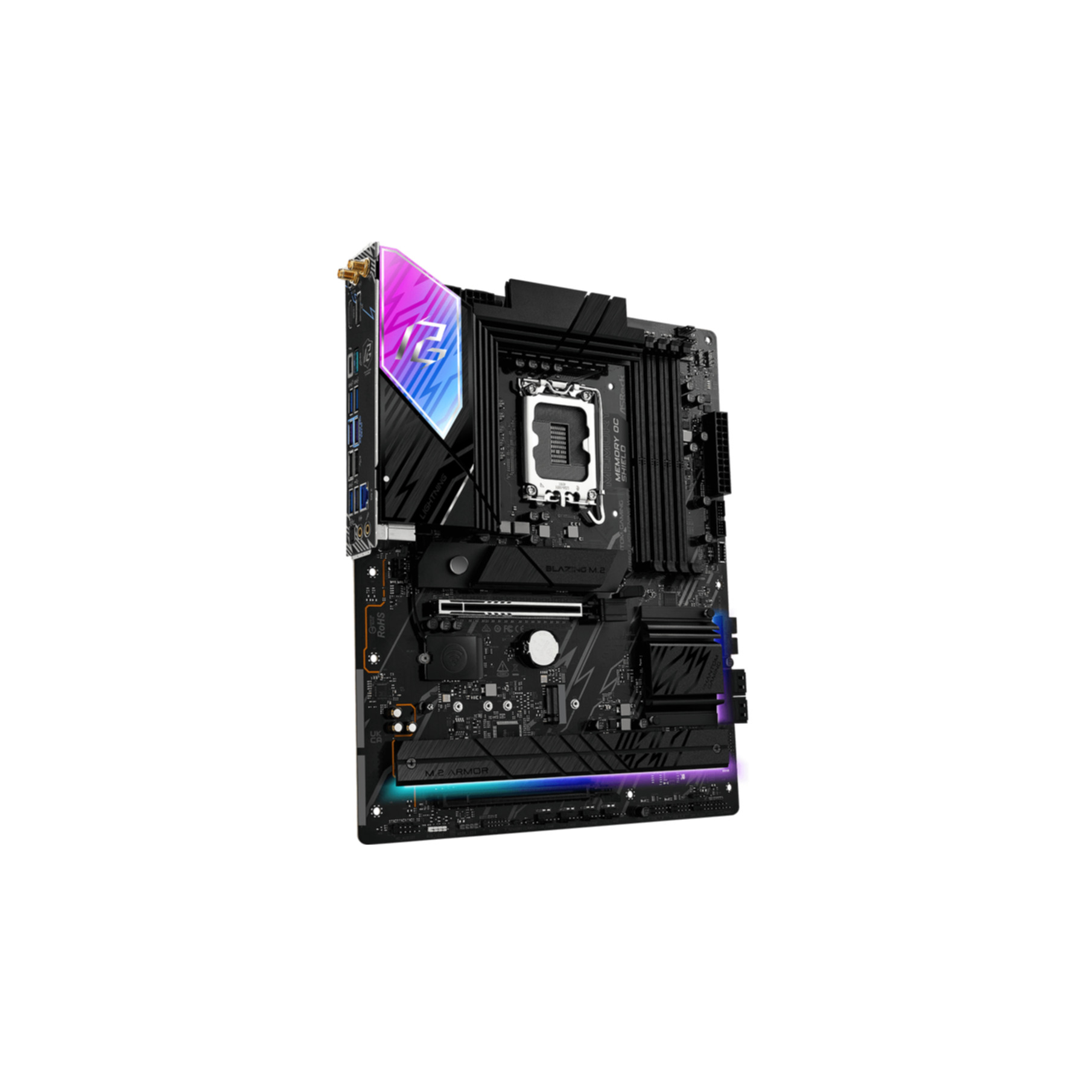 Czarna płyta główna z oświetleniem LED. Widoczne komponenty, izolowane na białym.