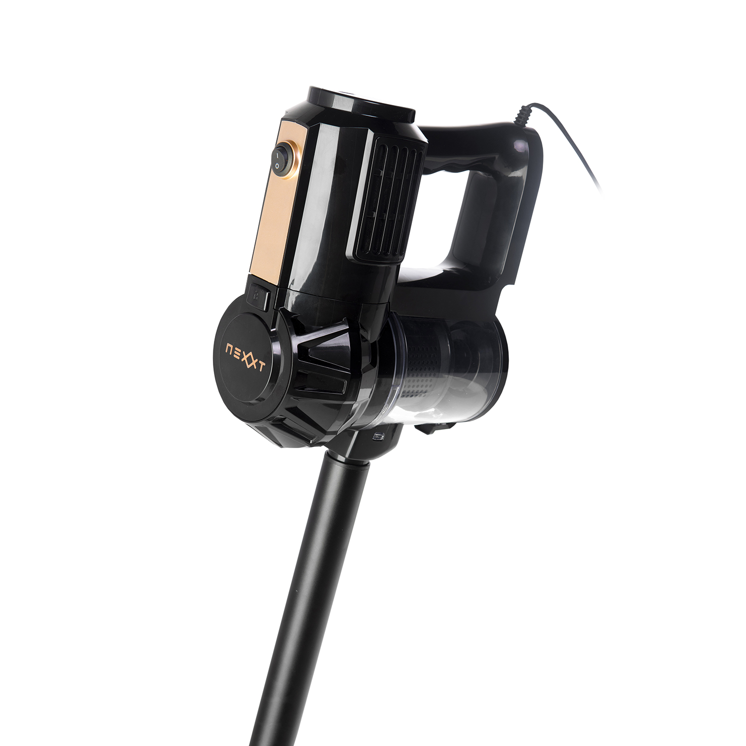 Black and bronze hand vacuum cleaner. Features a long black handle and a clear dust cup.