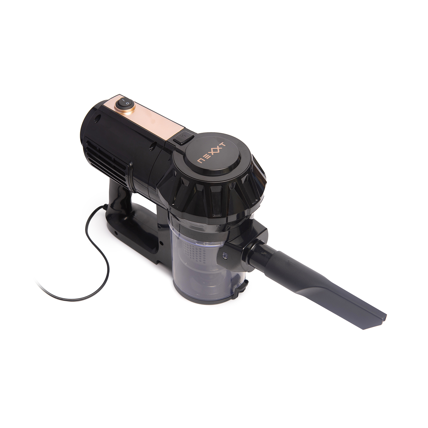 Black and copper handheld vacuum cleaner, top view, isolated on white.