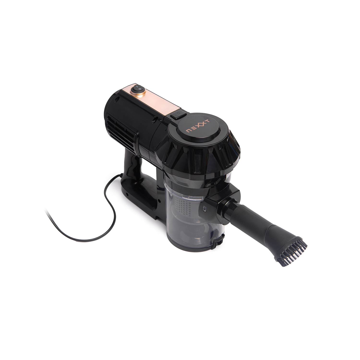 Black and copper handheld vacuum cleaner, angled view, isolated on white.