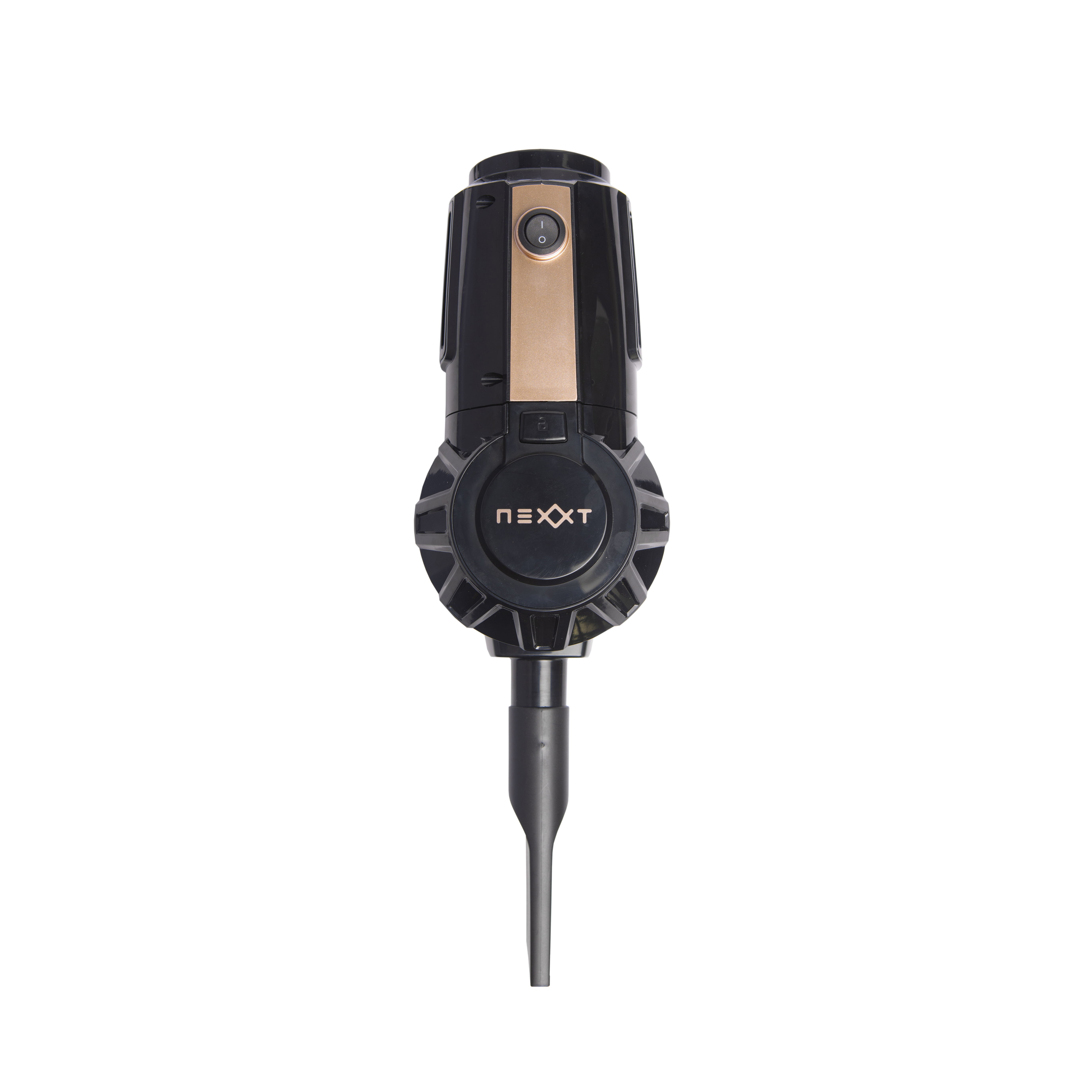 Black and copper handheld vacuum cleaner, top view, isolated on white.