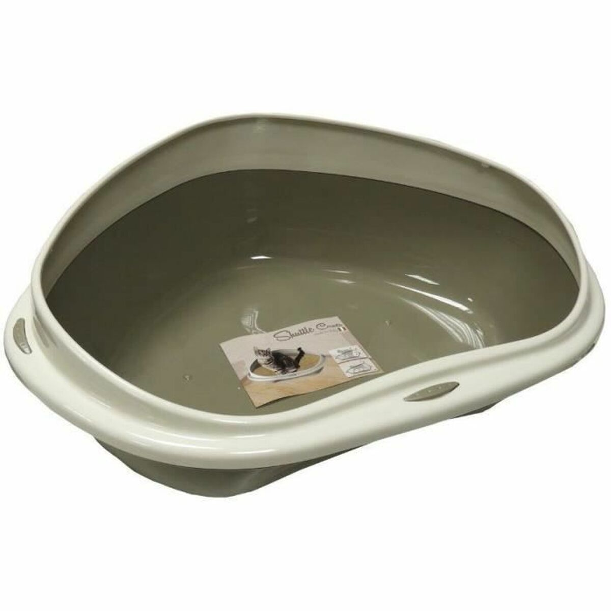 Lettiera ovale grigio chiaro con bordo bianco, vuota su sfondo bianco.