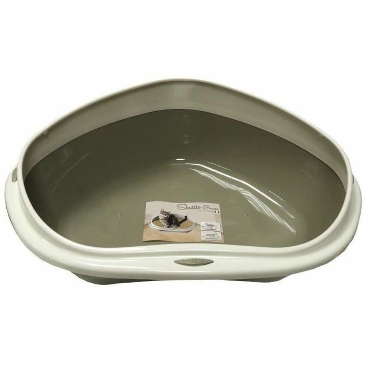 Lettiera grigia per gatti con bordo bianco. Presenta una forma curva e un'etichetta all'interno.