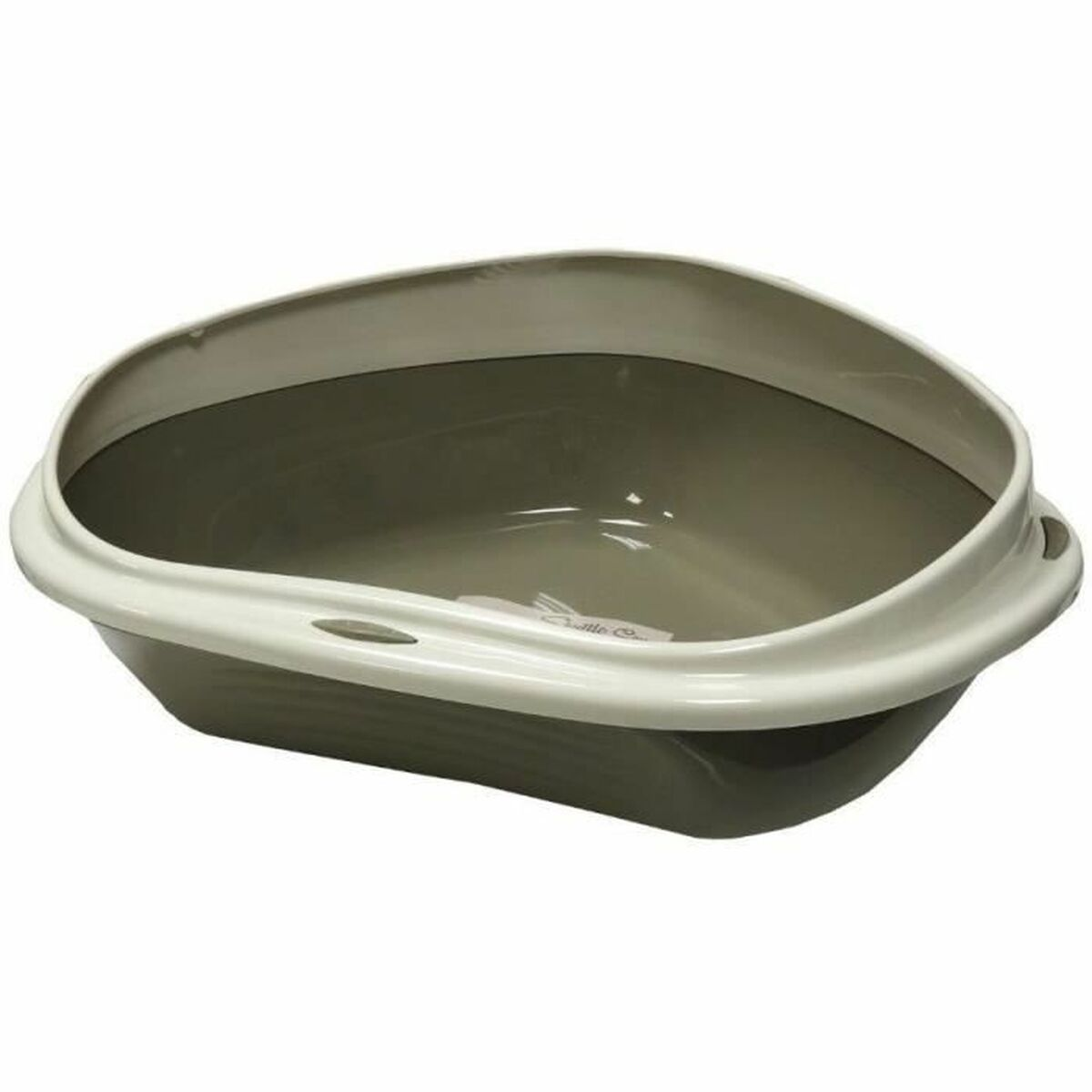 Lettiera ovale grigio chiaro con bordo bianco, vuota su sfondo bianco.