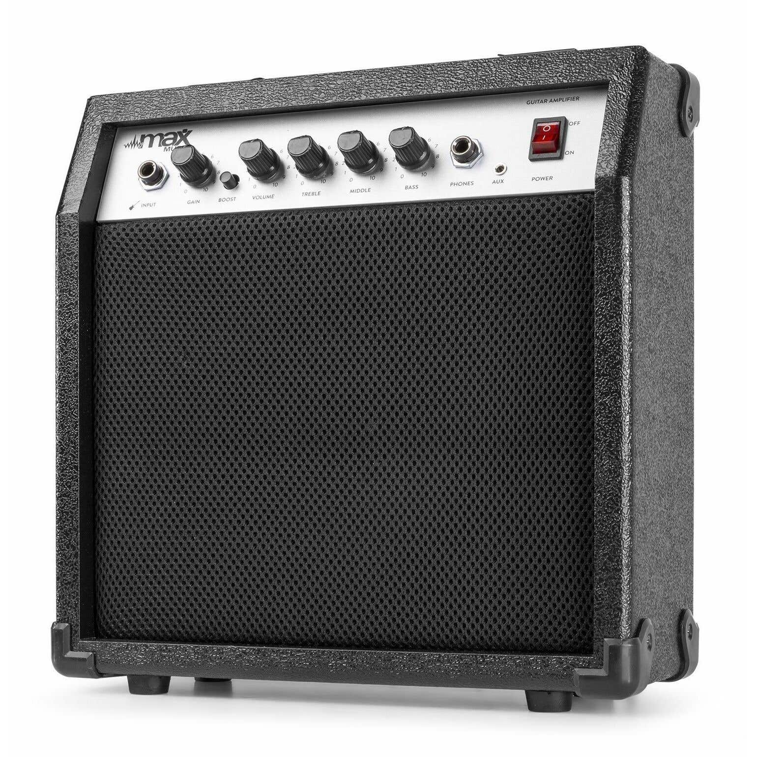 Schwarzer Gitarrenverstärker mit Bedienelementen. Ein schwarzes Netz bedeckt den Lautsprecher.