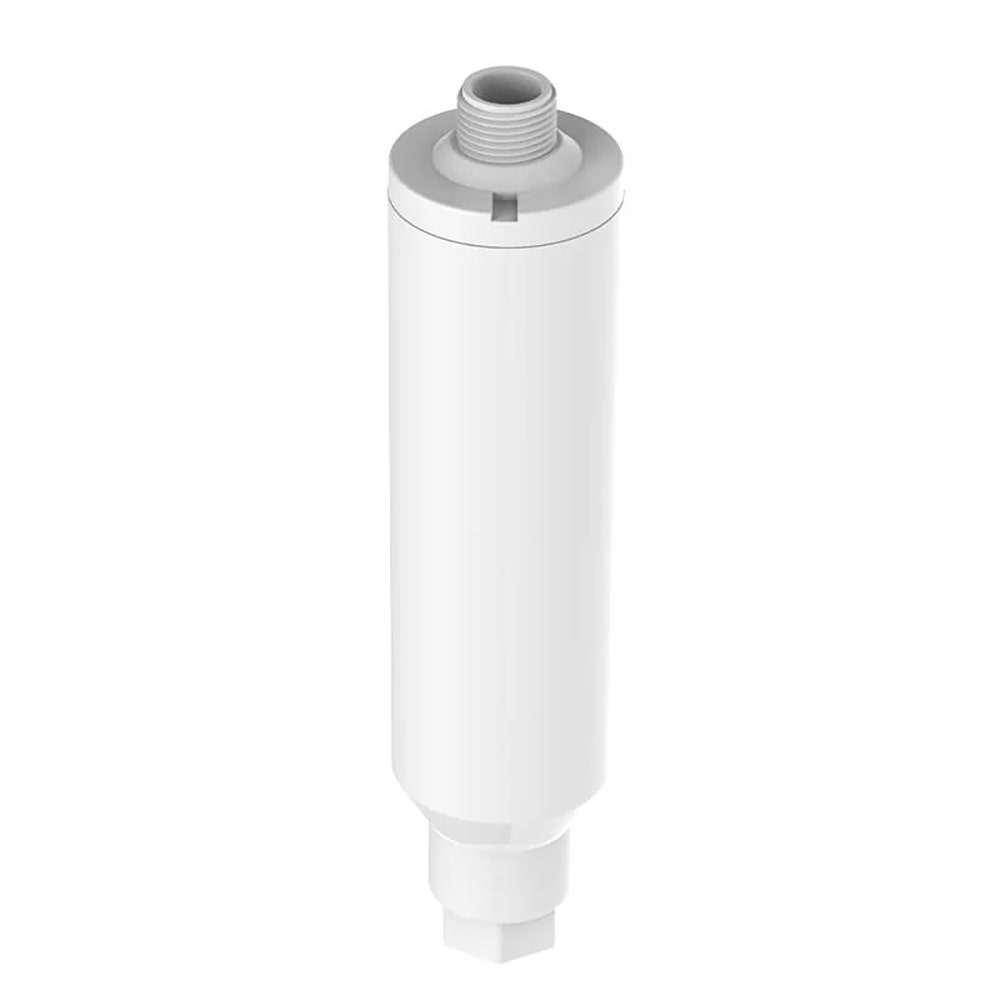 Un filtro bianco. Ha una forma cilindrica con una parte superiore e inferiore piatte.
