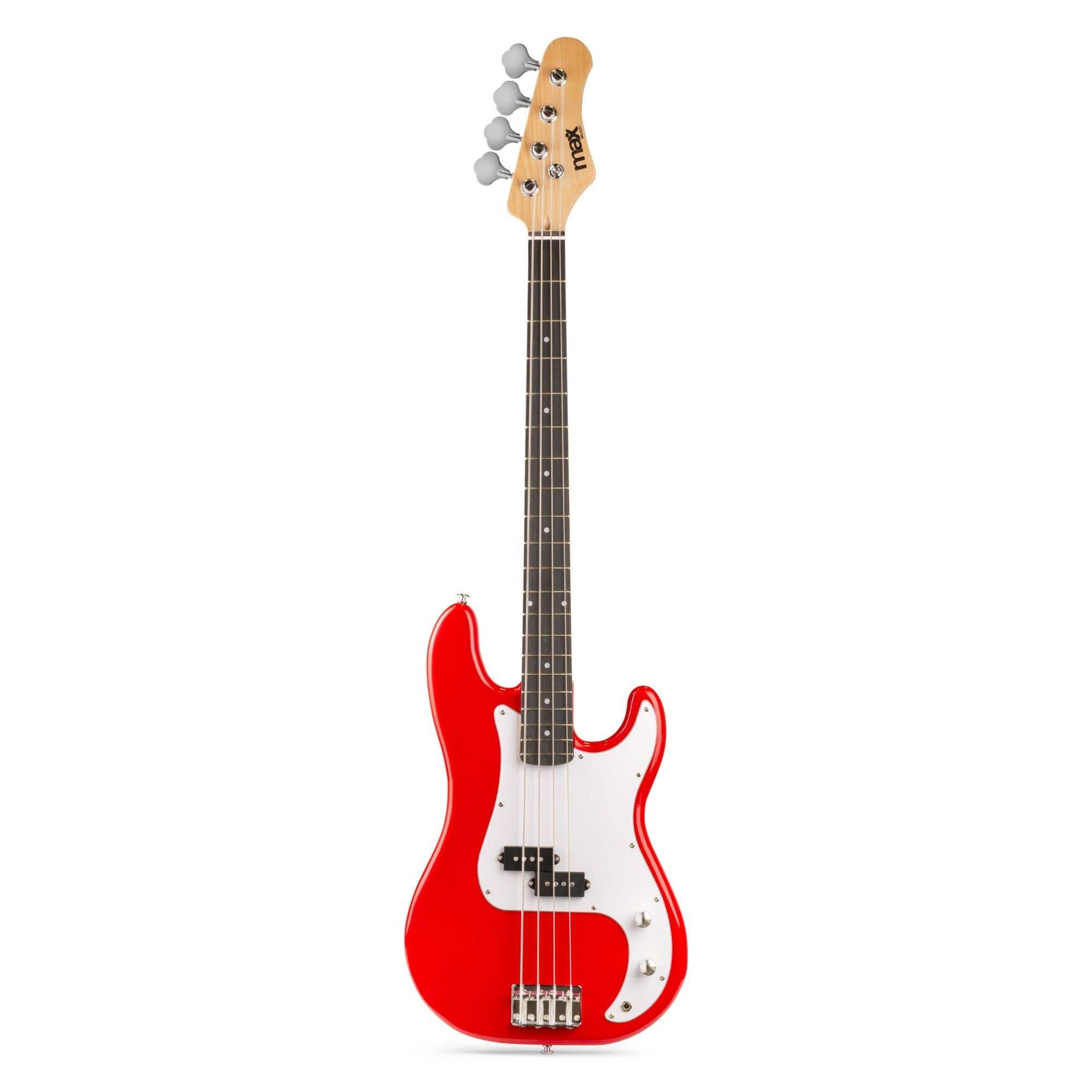 Bajo rojo sobre fondo blanco. Cuatro cuerdas, golpeador blanco y herrajes cromados. Marca Max.