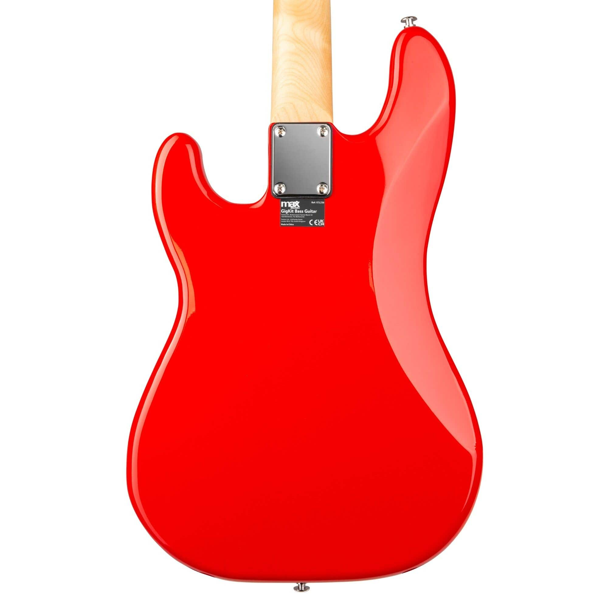 Parte trasera de un bajo rojo. Acabado brillante. Placa del mástil plateada.