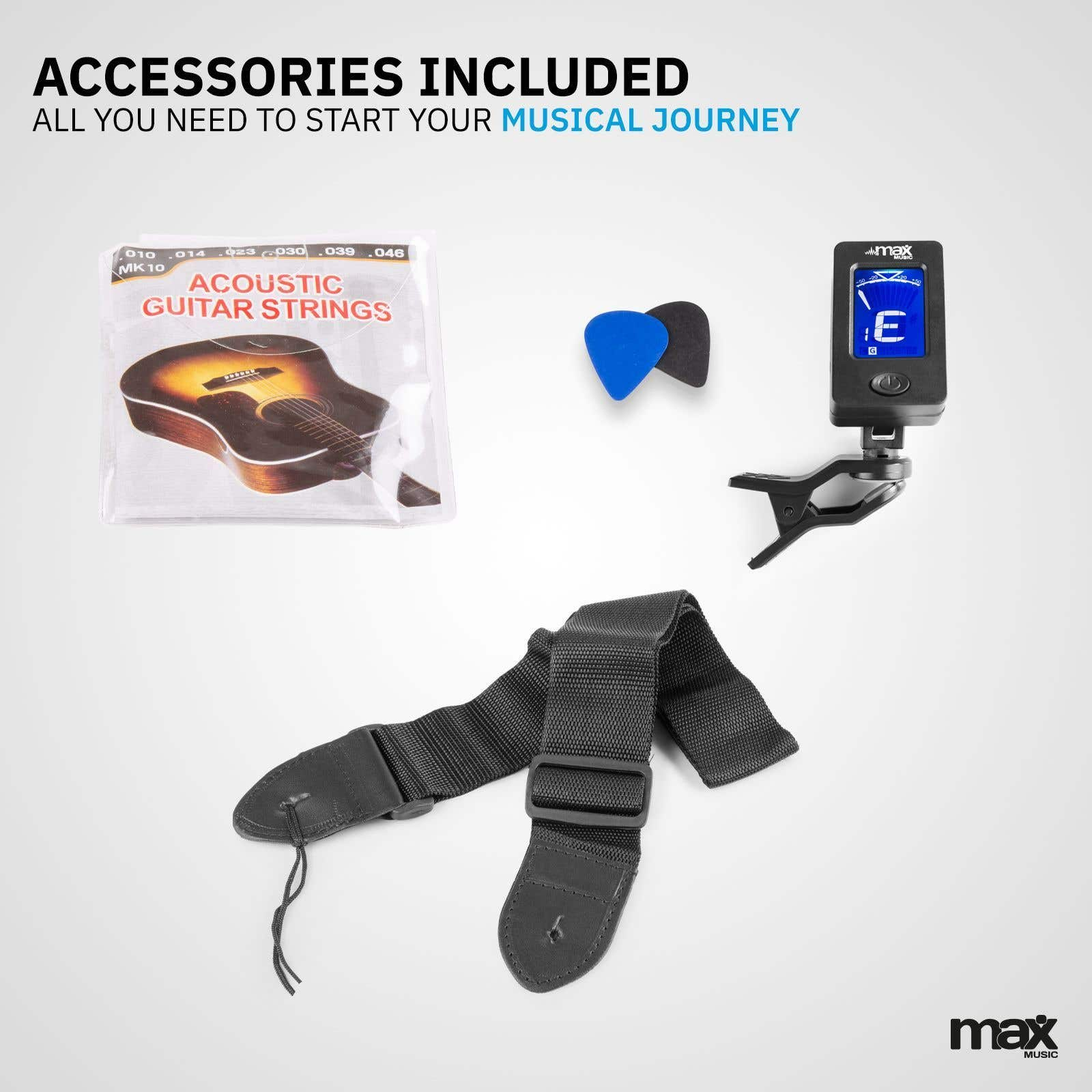Accessoires voor een gitaar: snaren, plectrums, een tuner en een riem, alles uitgestald.