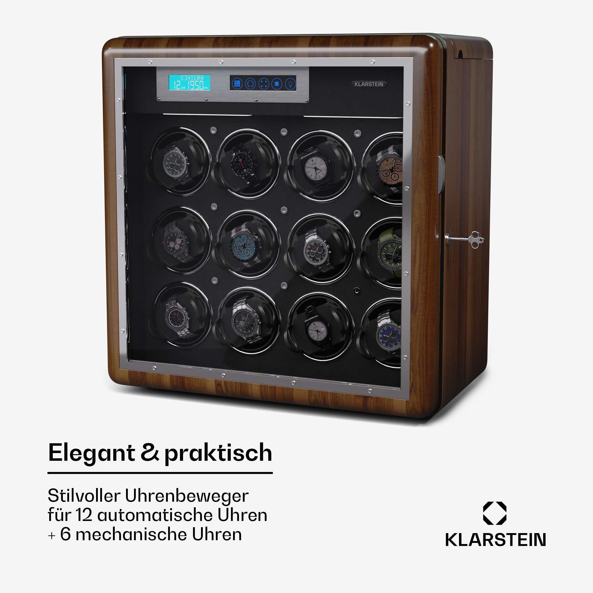 Uhrenbeweger-Schrank aus Holz mit 12 Uhren und Digitalanzeige. Schwarzer Hintergrund.