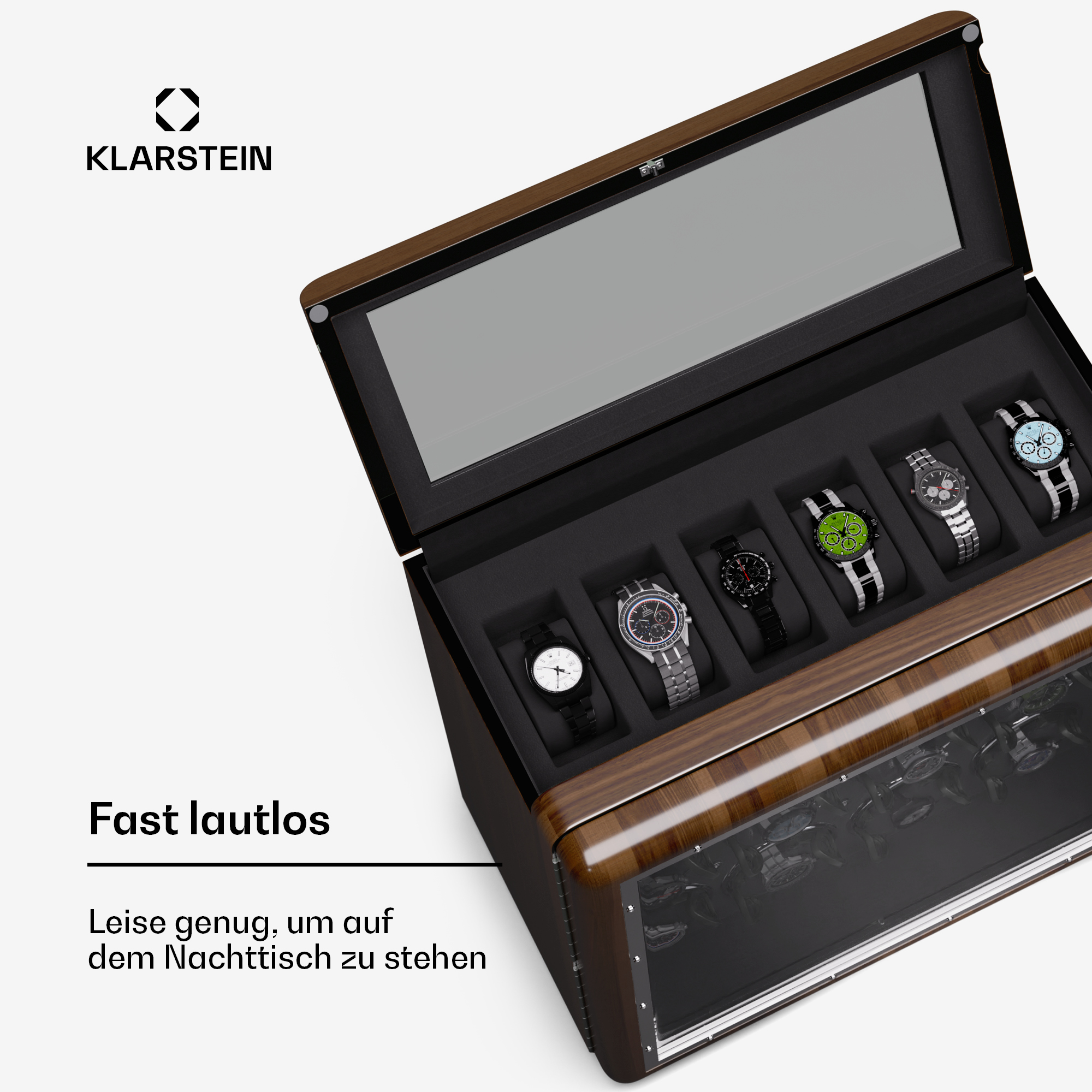 Holzuhrbox mit sechs Uhren. Die Box ist geöffnet und zeigt die Uhren im Inneren. Text: 'Fast lautlos'.
