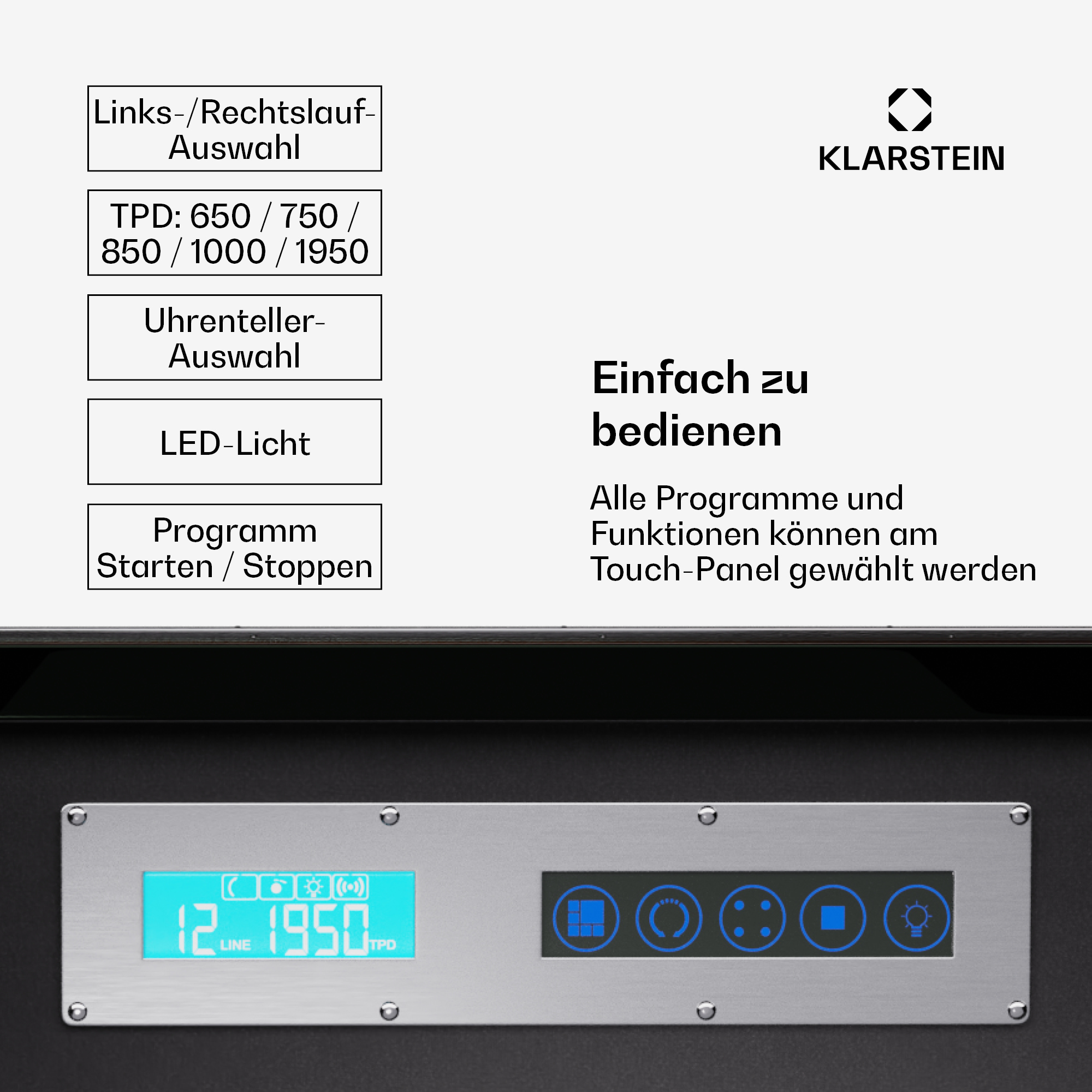 Digitalanzeige mit Text und Knöpfen. Sie lautet: 12:19:50 TPD. Weißer Hintergrund.