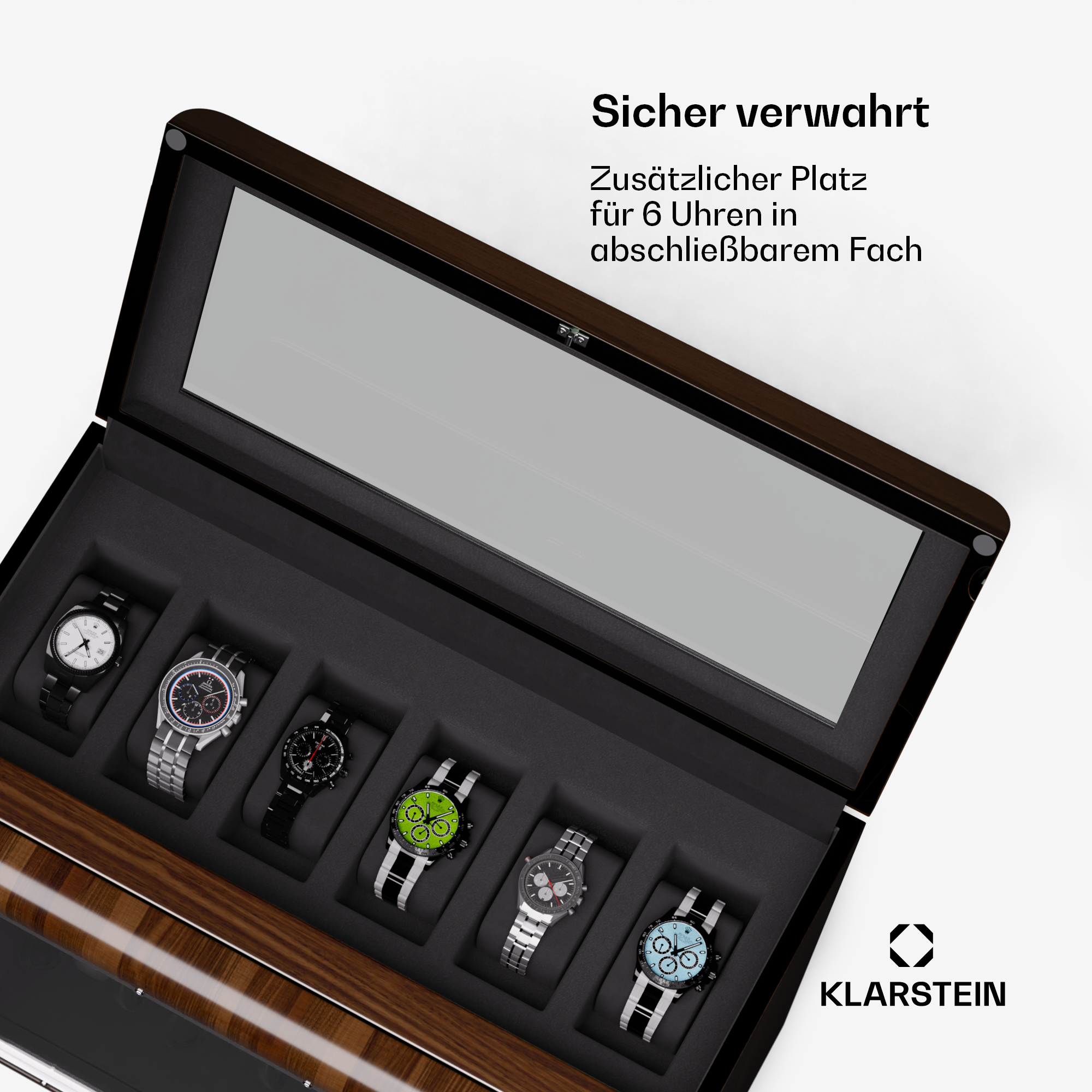 Geöffnete Holzuhrbox mit sechs Uhren. Text: 'Sicher verwahrt'. Weißer Hintergrund.
