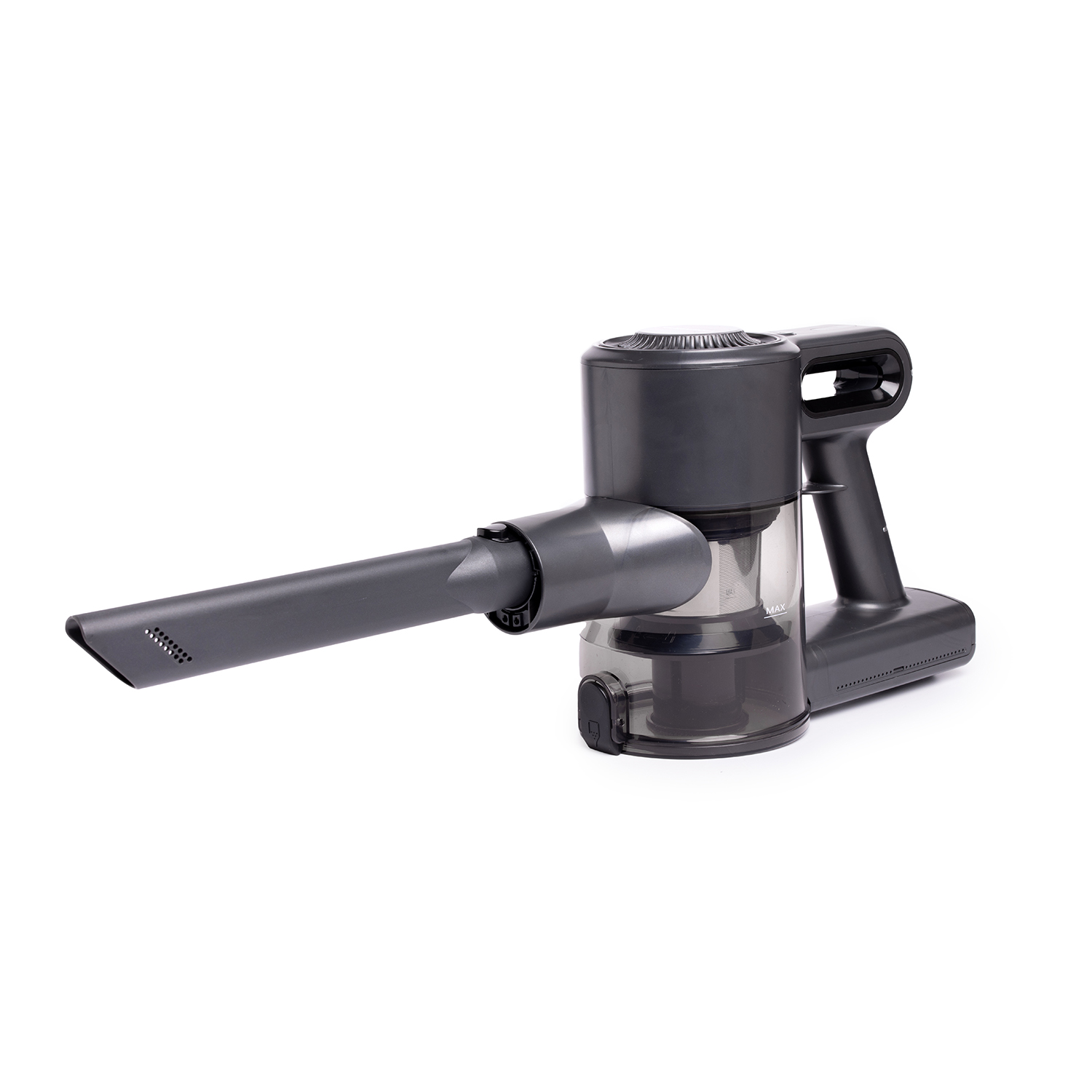 Dark gray cordless handheld vacuum cleaner. It has a long nozzle and a handle. White background.