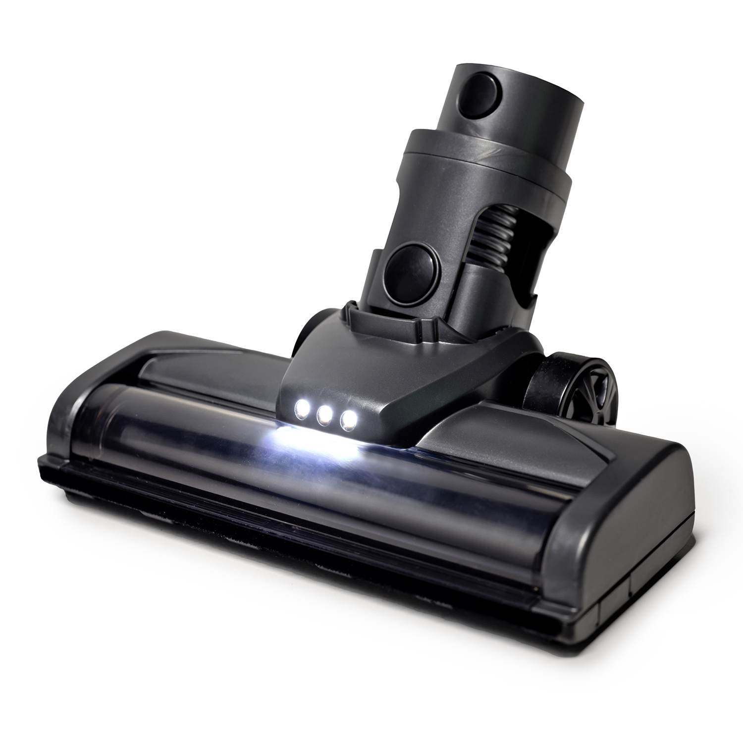 Black vacuum cleaner head with three LED lights. The head is angled towards the viewer. White background.