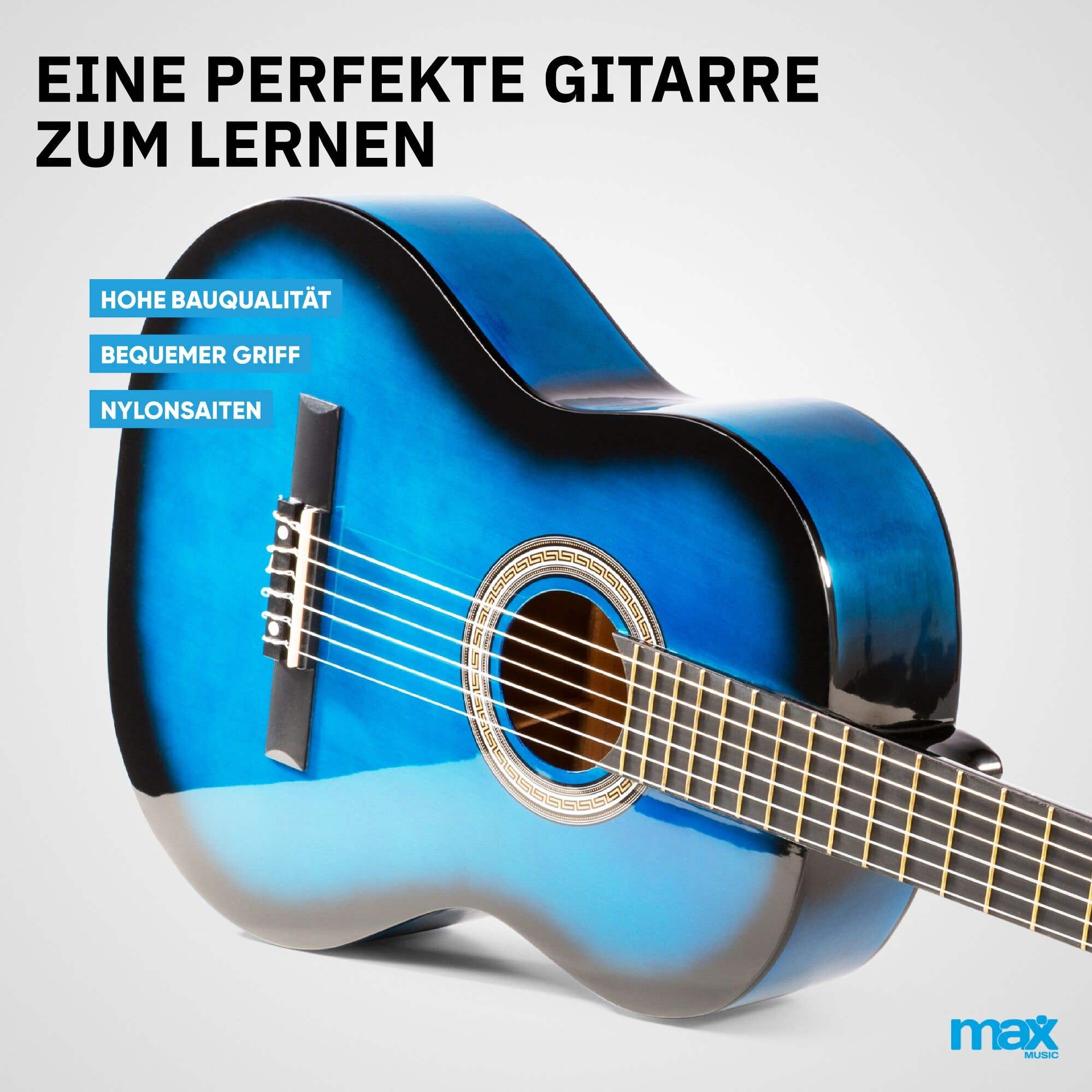 Blaue und schwarze Gitarre, Nahaufnahme. Die Gitarre hat ein Sunburst-Design.