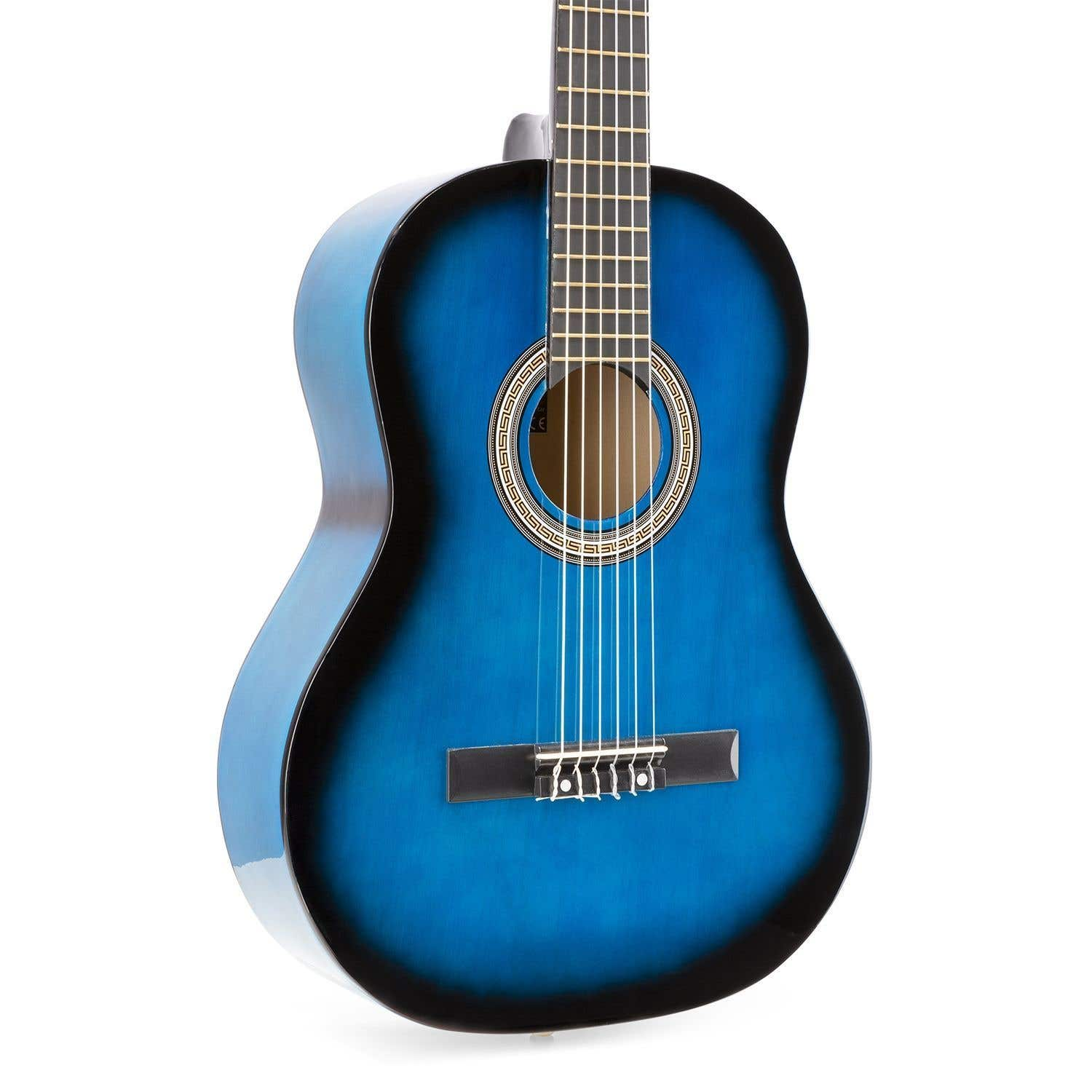 Eine blaue Akustikgitarre wird vor weißem Hintergrund mit einem dunkelblauen und schwarzen Farbverlauf gezeigt.