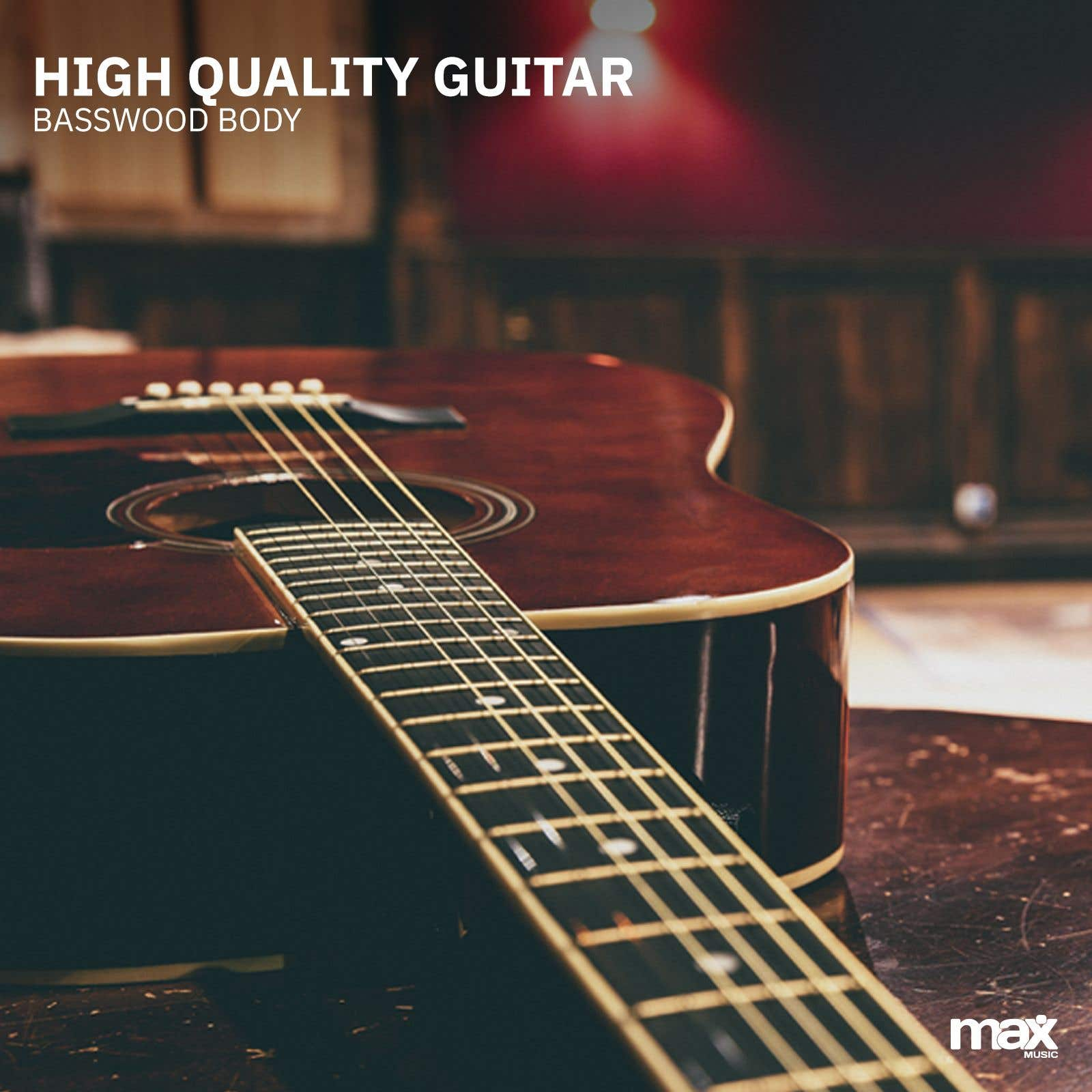 Een gitaar met houten body en tekst: HIGH QUALITY GUITAR BASSWOOD BODY.
