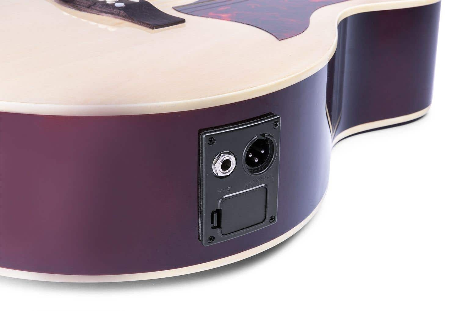 Close-up van de achterkant van een akoestische gitaar. Uitgangs-aansluitingen en batterijvak.
