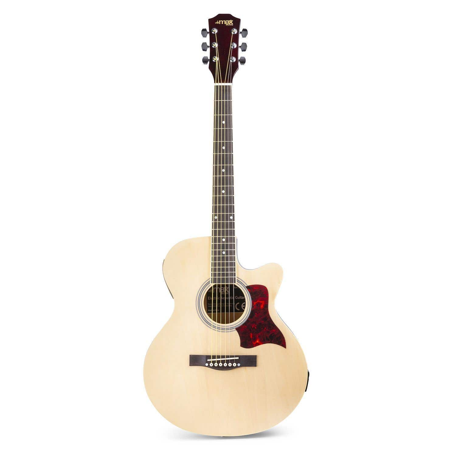 Akoestische gitaar met lichte houten body, donkere kop en rode slagplaat. Geïsoleerd op witte achtergrond.