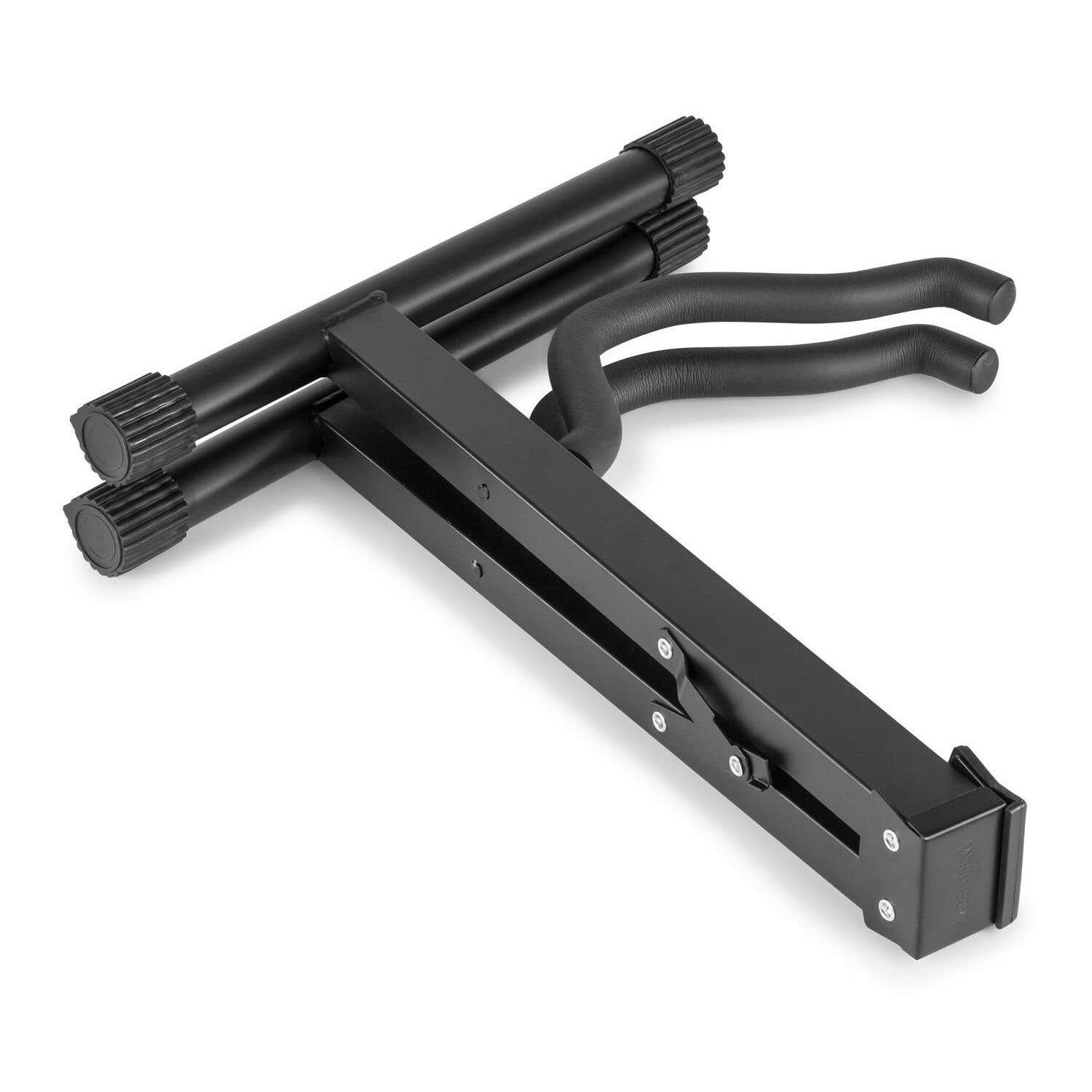 Un soporte negro para guitarra con dos brazos, que sostiene una guitarra. Aislado sobre un fondo blanco.