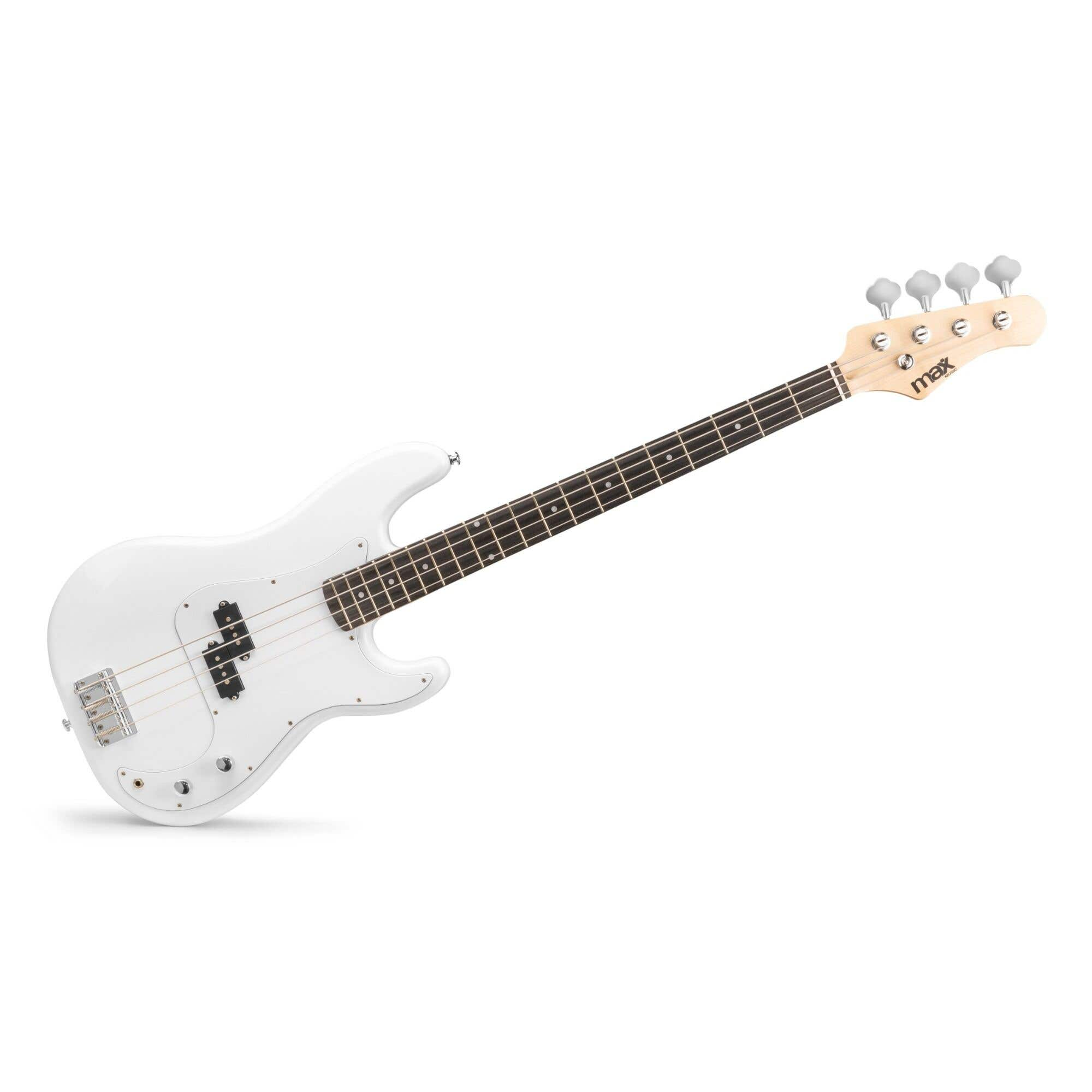 Basso elettrico bianco. Ha quattro corde ed è su sfondo bianco.