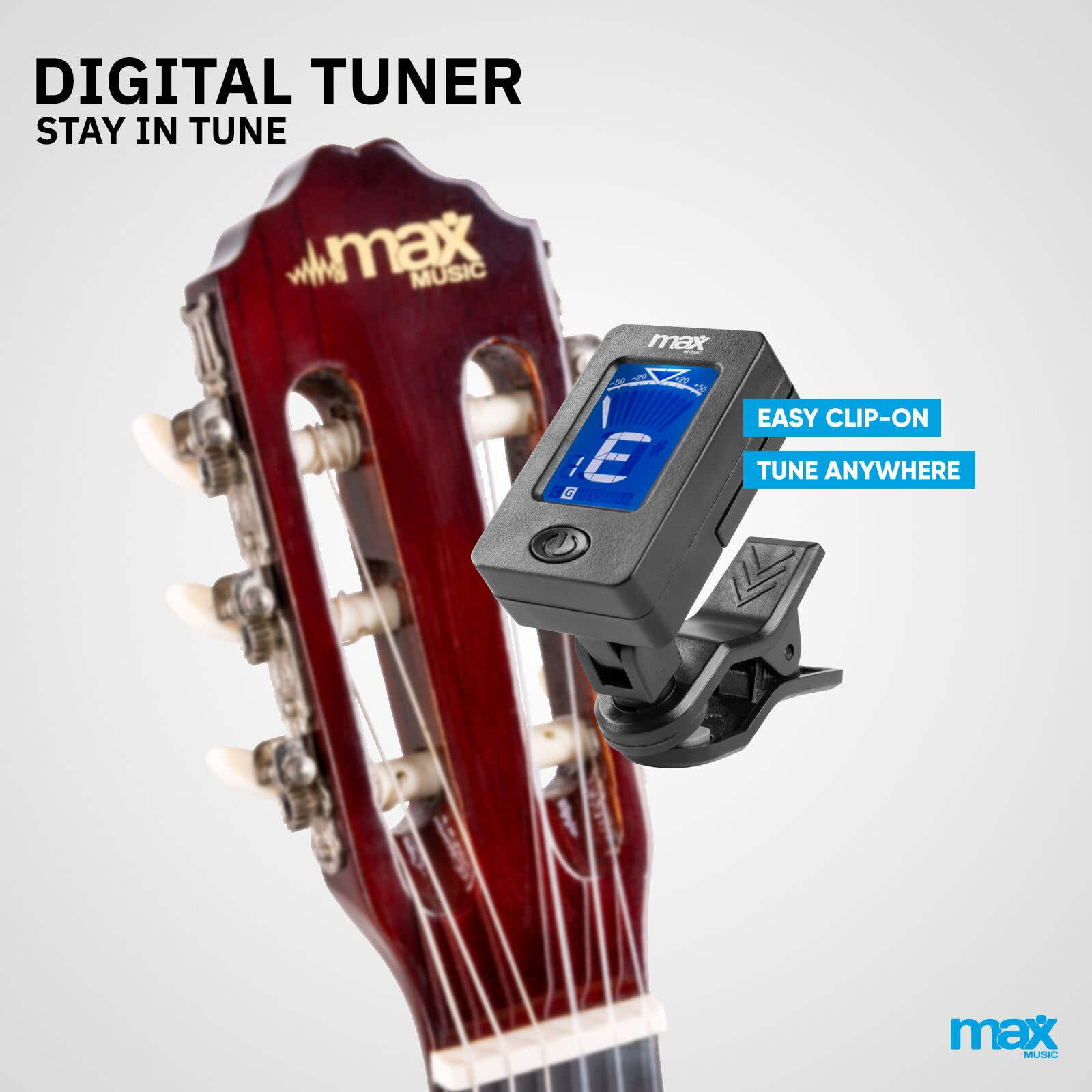 Stimmgerät an der Kopfplatte einer Gitarre befestigt. Es zeigt den Ton 'E' an.