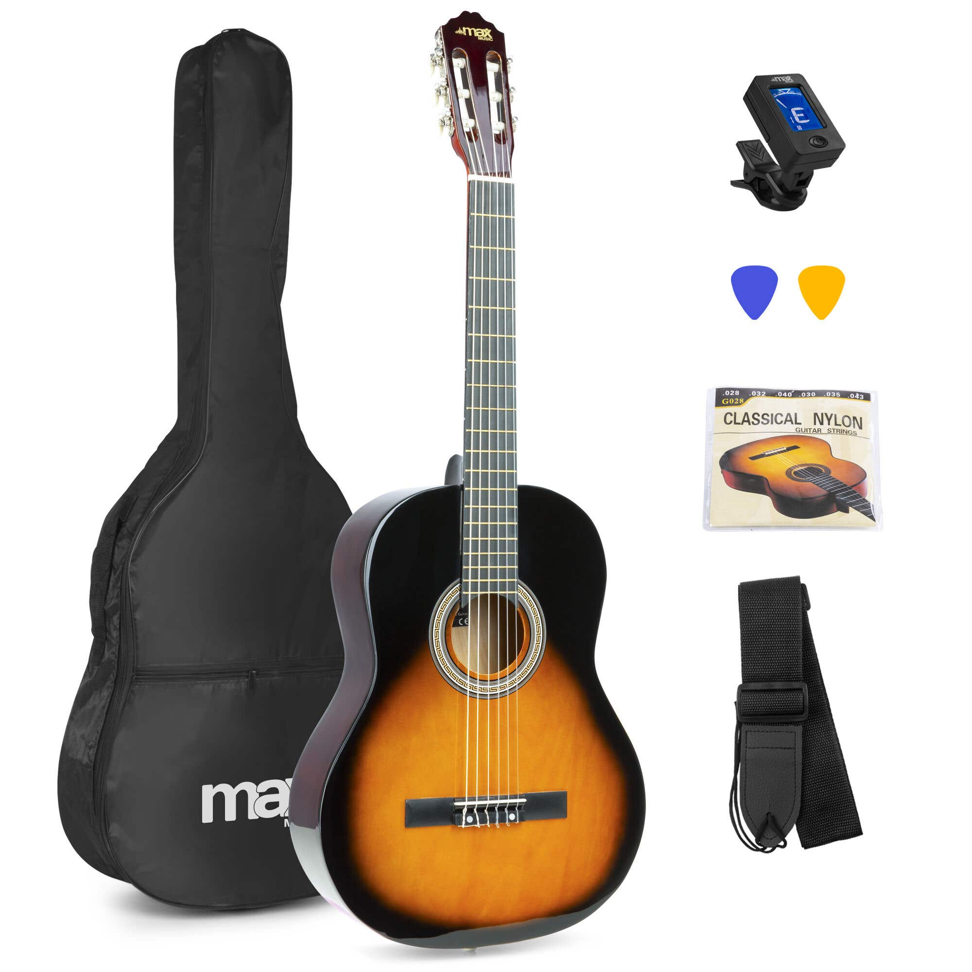 Guitarra acústica con funda, afinador, púas, cuerdas y correa. Un conjunto completo.