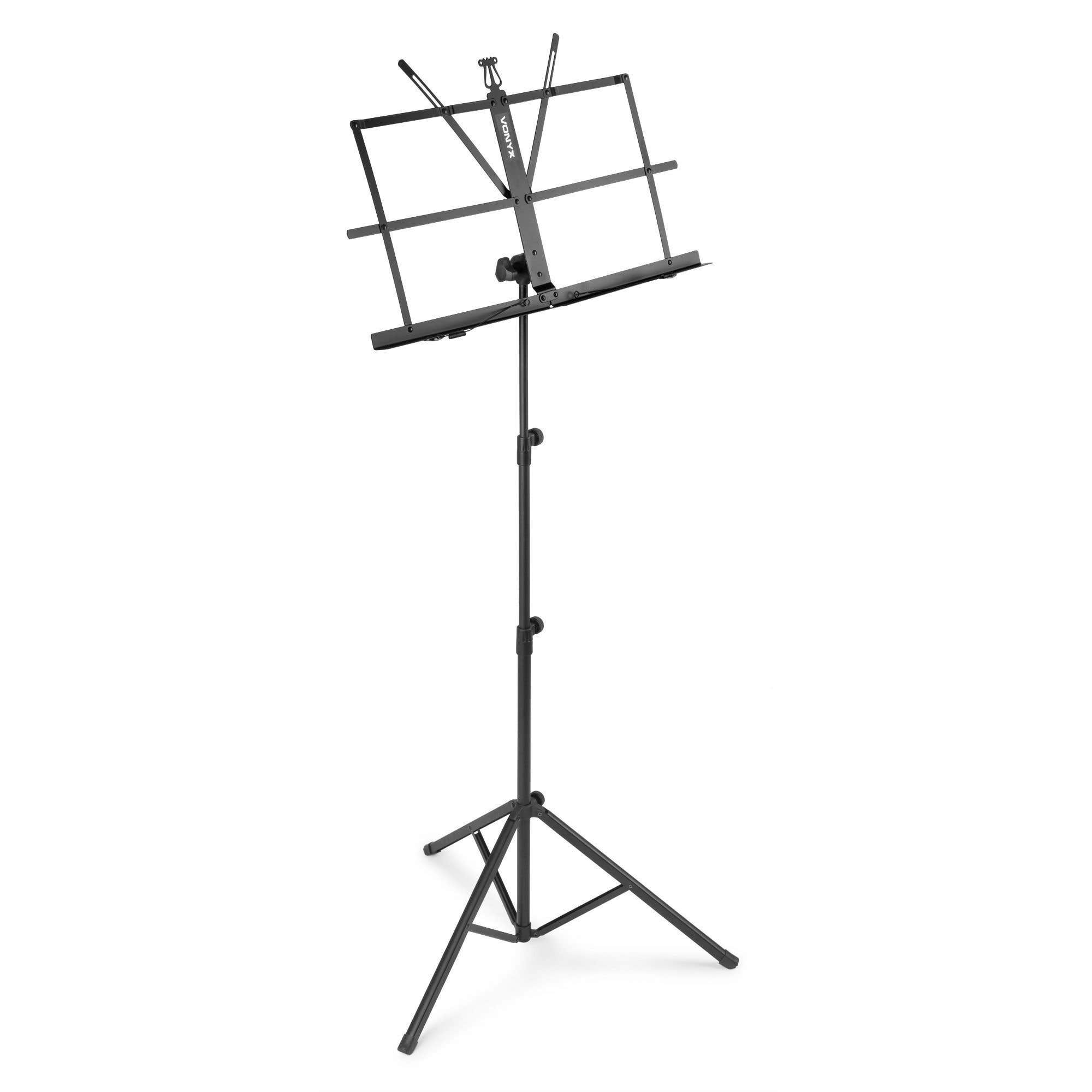 Zwarte metalen muziekstandaard. Hij is leeg en klaar voor bladmuziek.