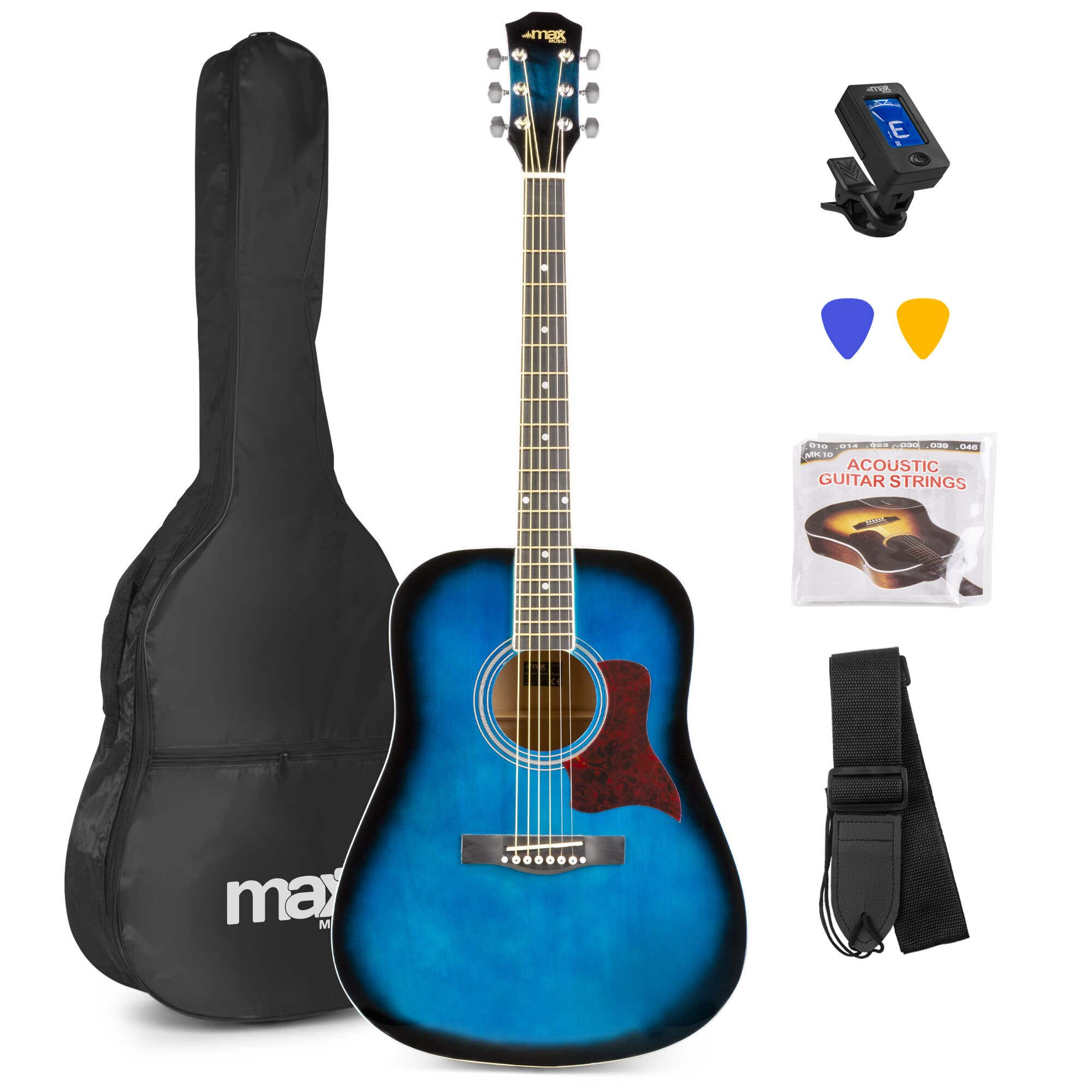 Blauwe akoestische gitaar met koffer, tuner, plectrums, snaren, riem. Complete set.