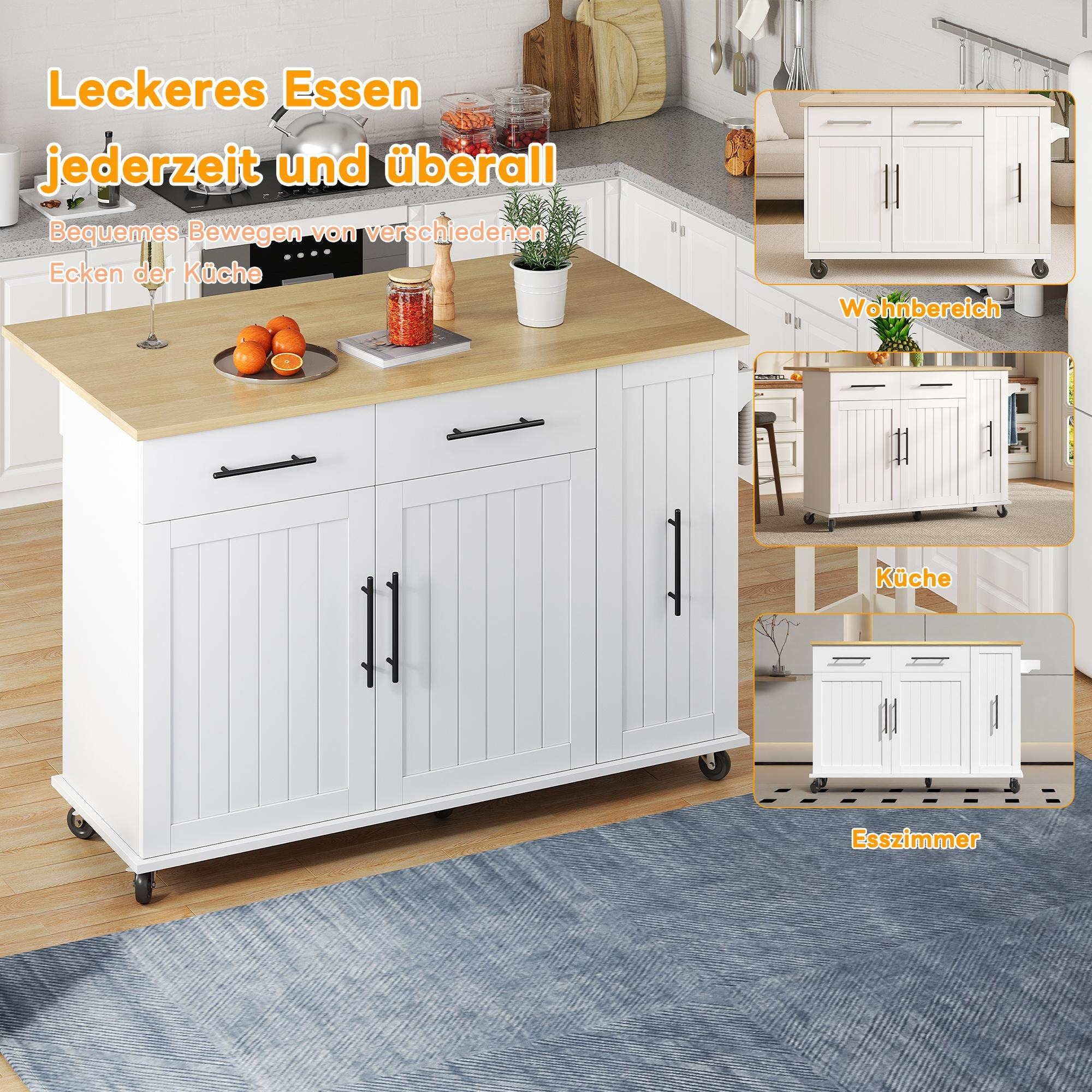 Kücheninsel mit Essen oben drauf. Weißer Schrank, Holzplatte und blauer Teppich. Text sagt: 'Leckeres Essen jederzeit'.
