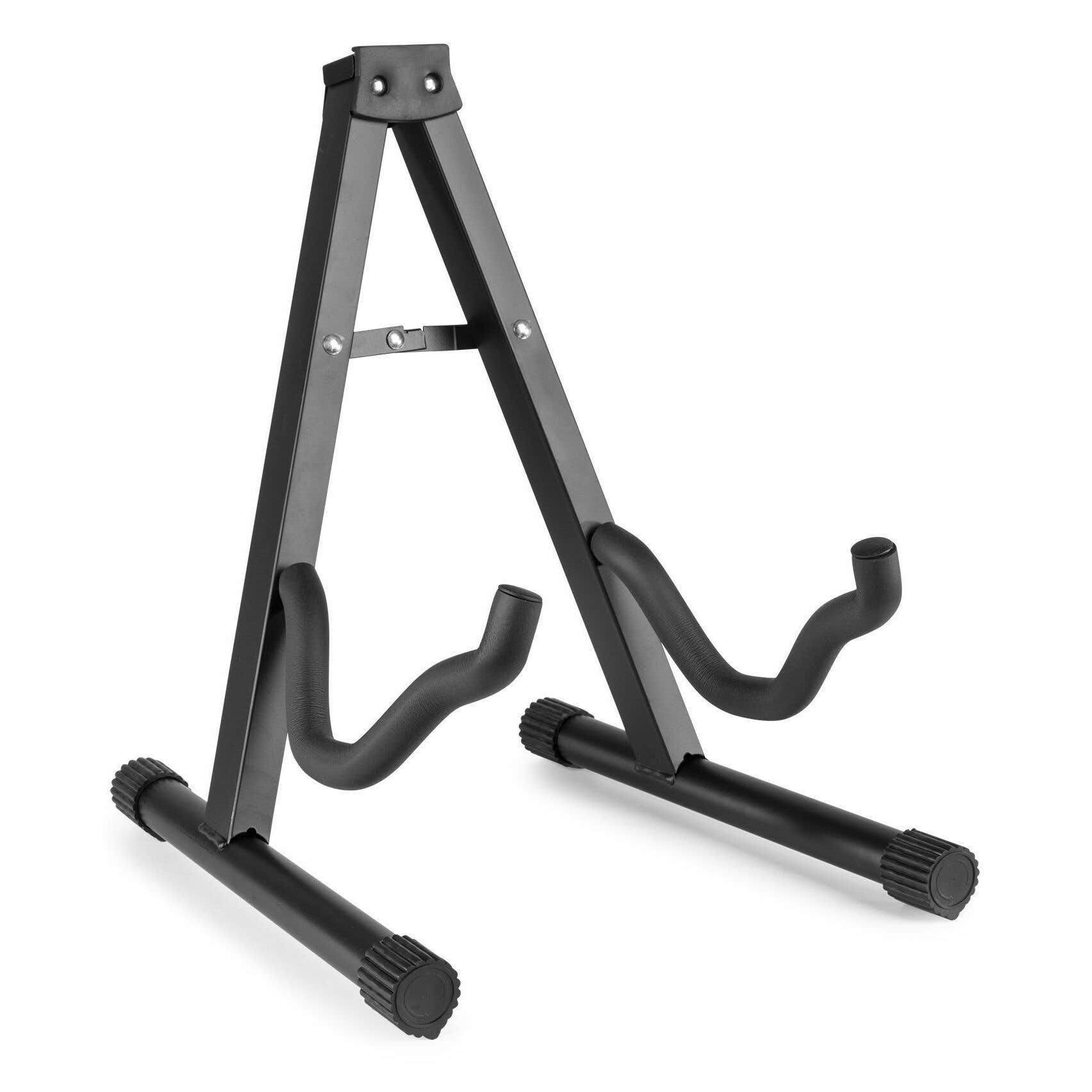 Zwarte metalen gitaarstandaard met gebogen steunen op een witte achtergrond.