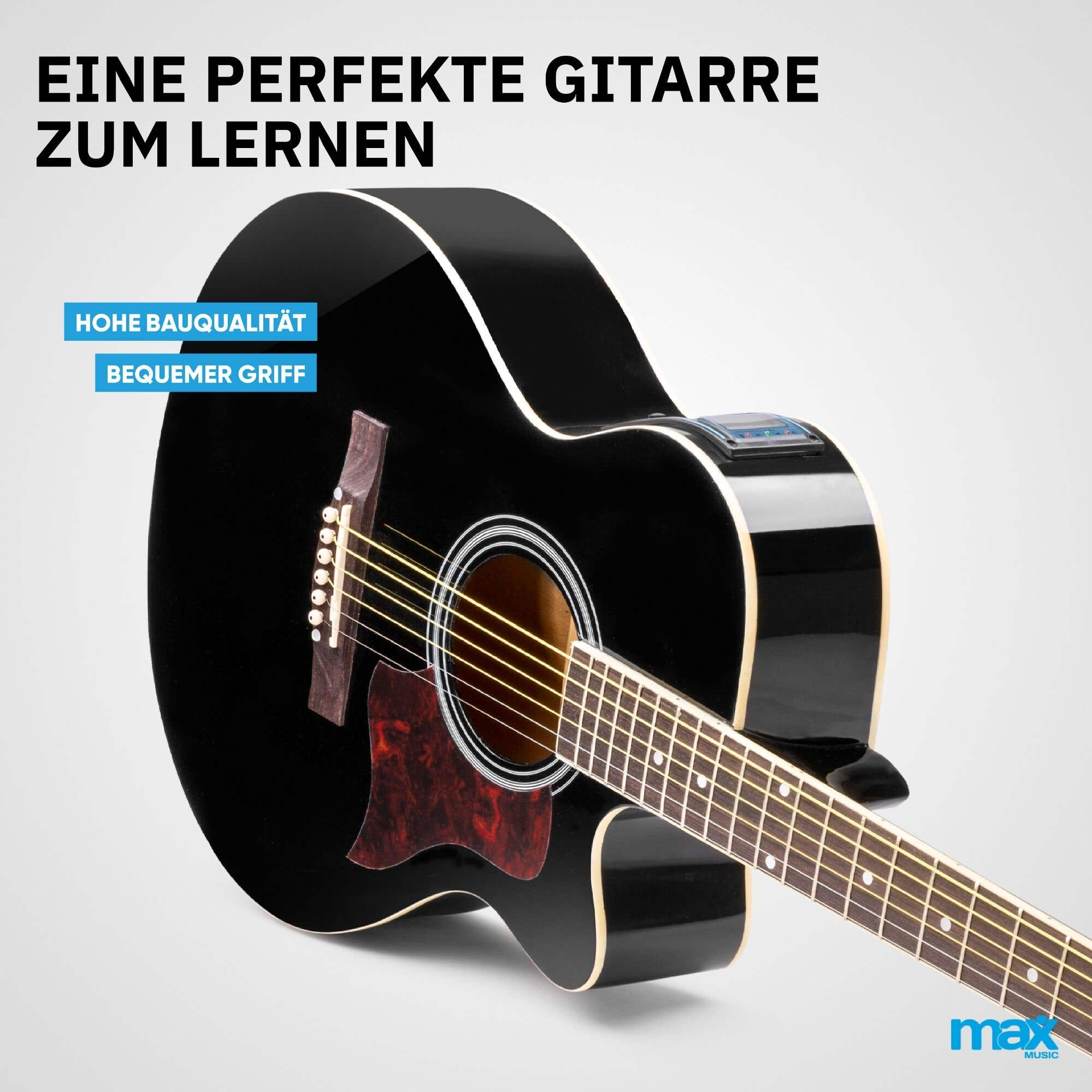 Zwarte akoestische gitaar. Tekst bovenaan: Een perfecte gitaar om te leren. Heeft een cutaway en een sunburst ontwerp.