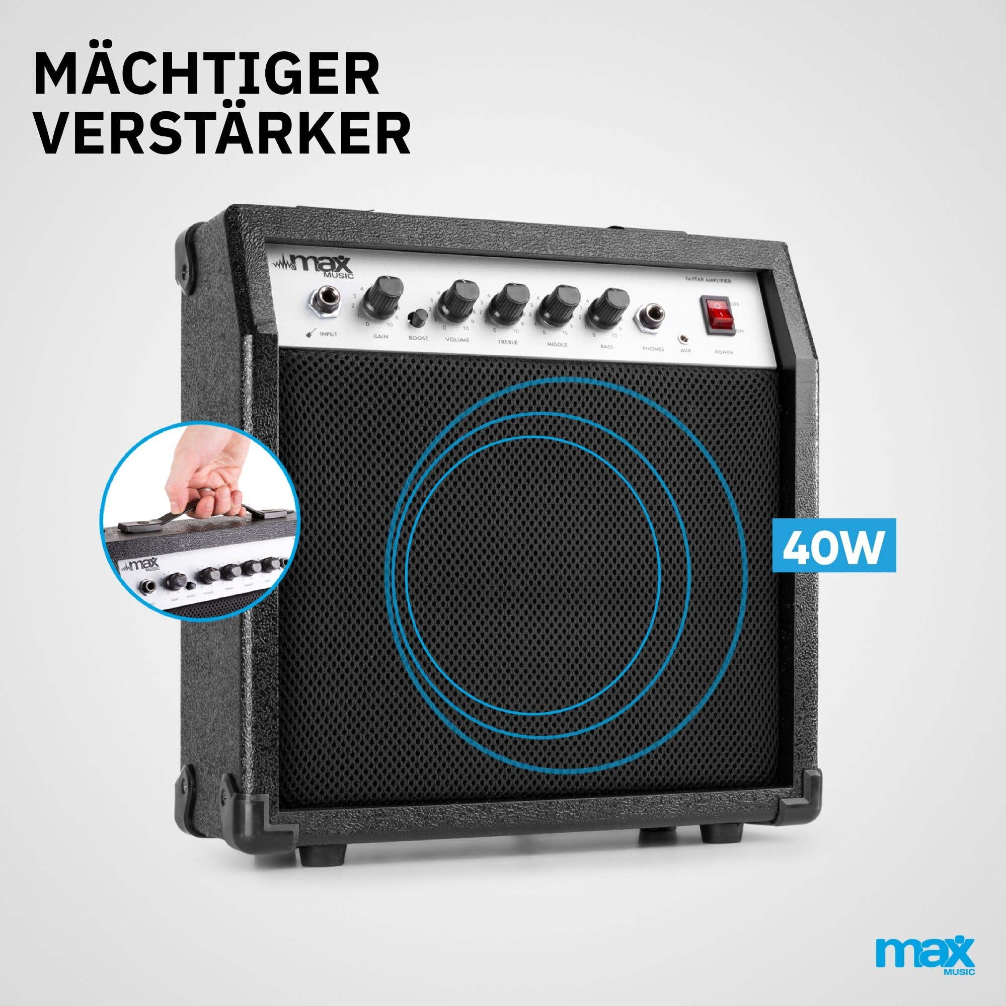 Un amplificador de guitarra negro con ondas sonoras circulares azules. Texto: "Machtiger Verstärker".