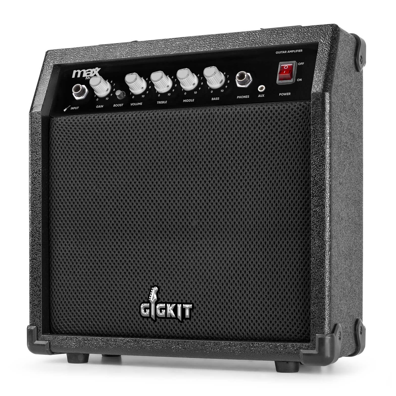 Un amplificador de guitarra negro con perillas, entradas etiquetadas y un altavoz. Un logotipo está en la parte inferior.