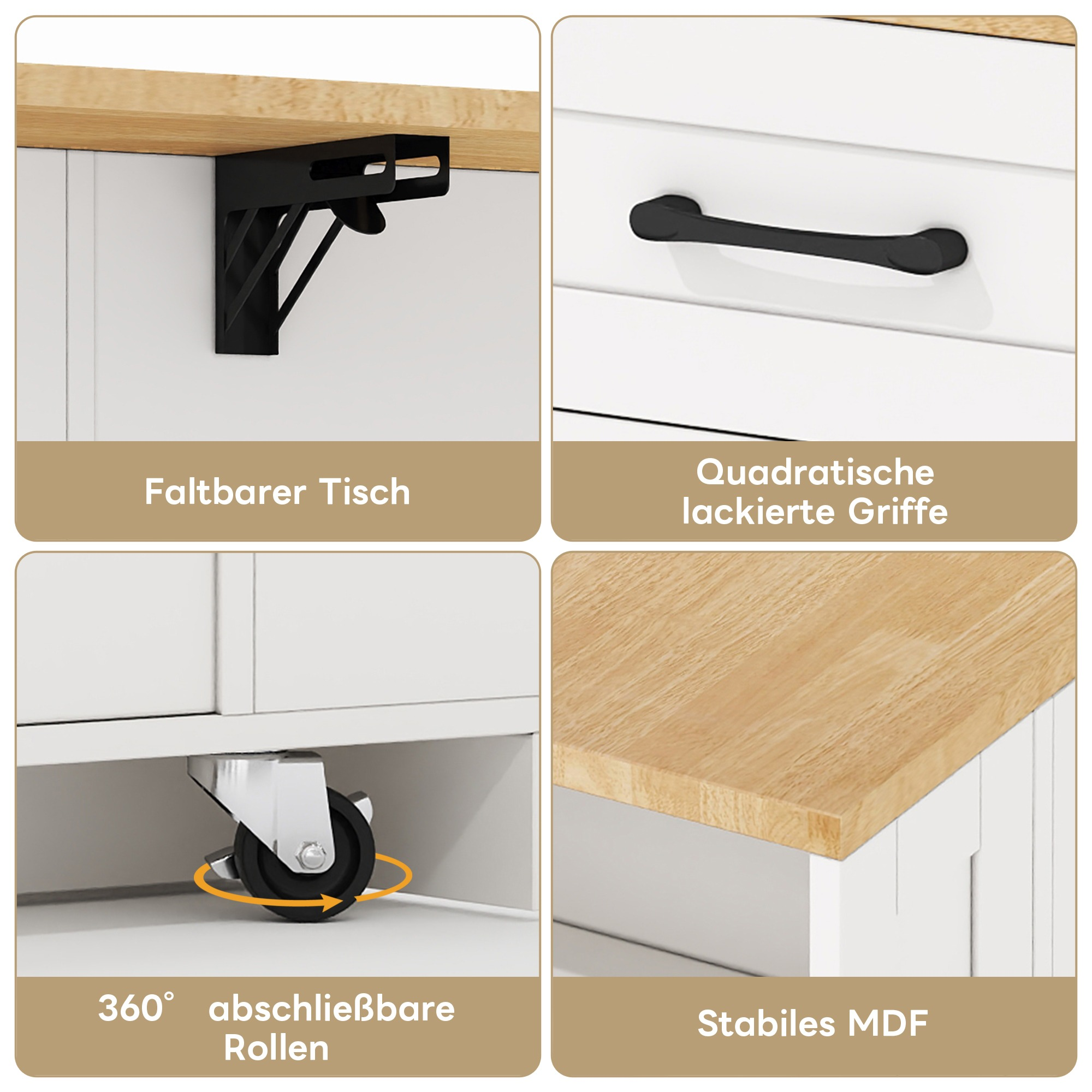 Nahaufnahme einer Kücheninsel mit Details von Klapptisch, Griffen, Rädern und Holzplatte.
