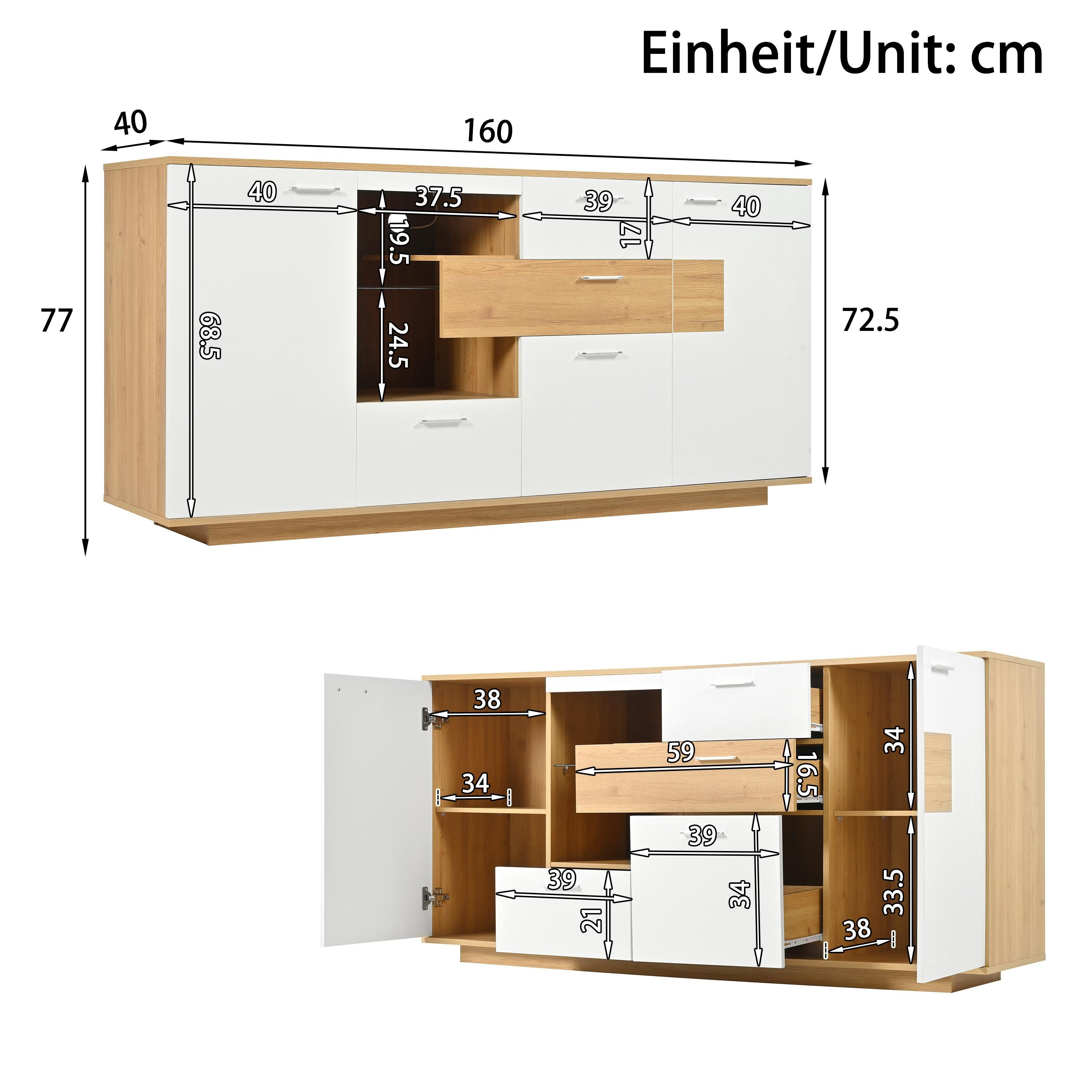 Ein Schrank mit beschrifteten Abmessungen. Er hat Türen, Schubladen und eine Holzplatte.