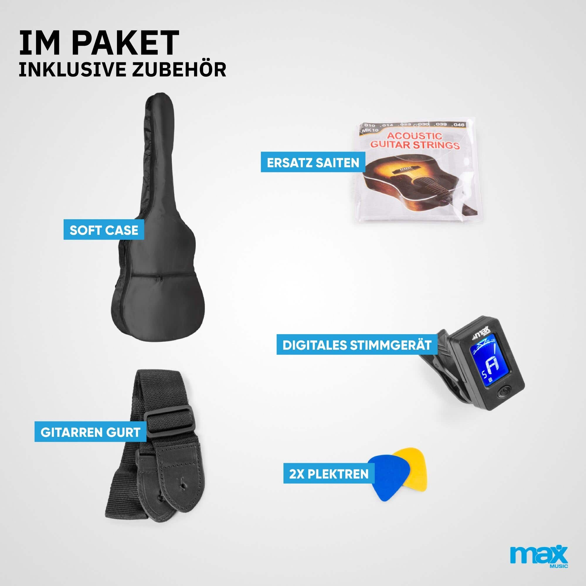 Kit de guitarra con funda blanda, cuerdas, afinador, correa y púas. Todo sobre fondo azul claro.