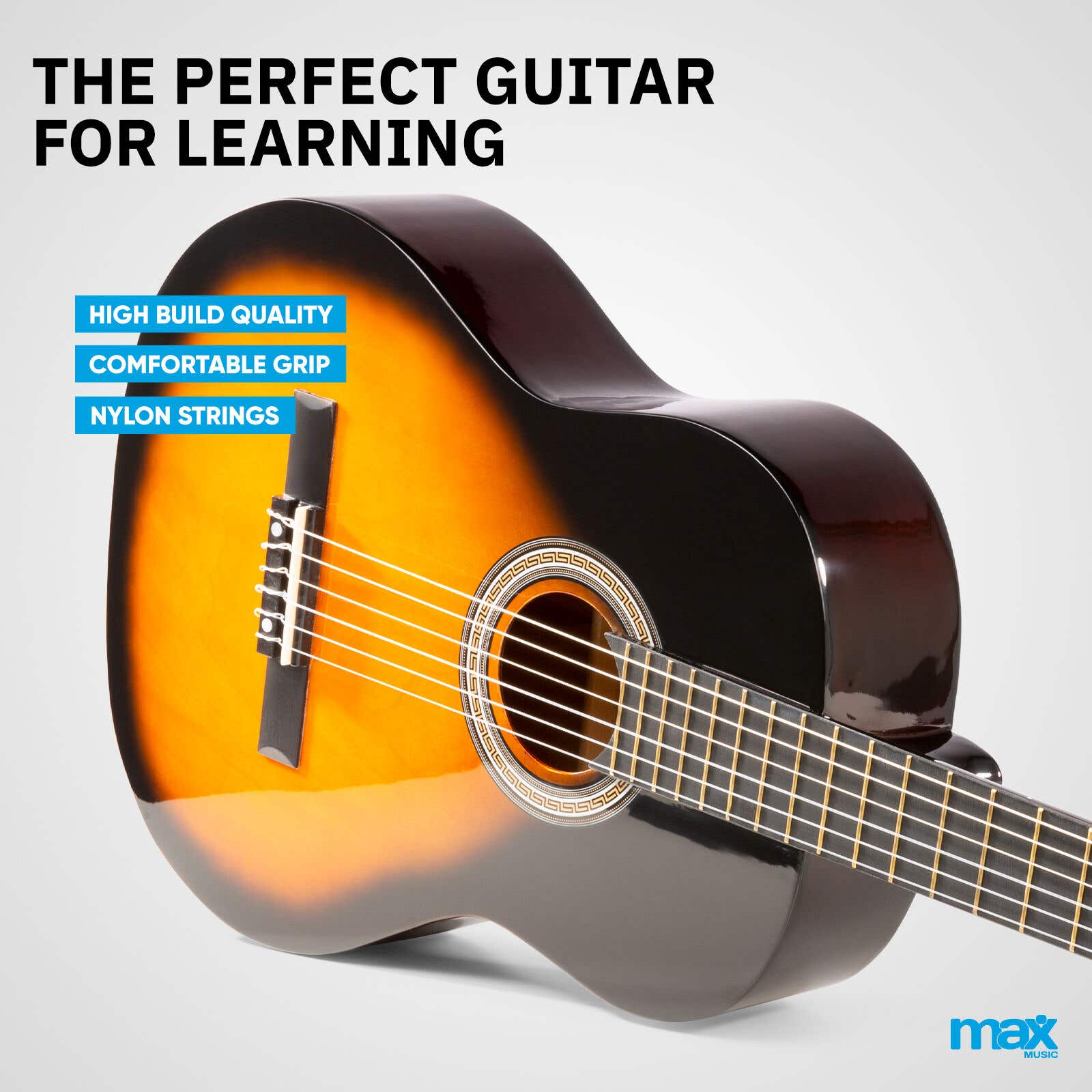 Guitarra acústica con cuerpo marrón y naranja. El texto incluye 'agarre cómodo' y 'cuerdas de nailon'.