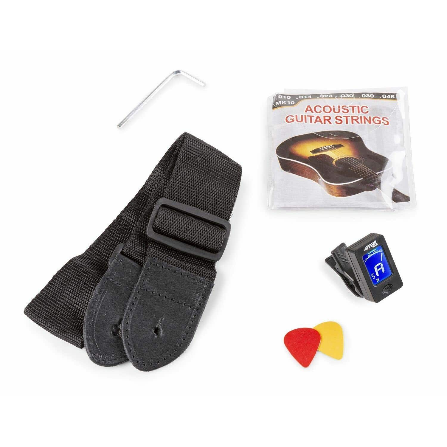 Gitaarsnaren, riem, plectrums en tuner op een witte achtergrond.