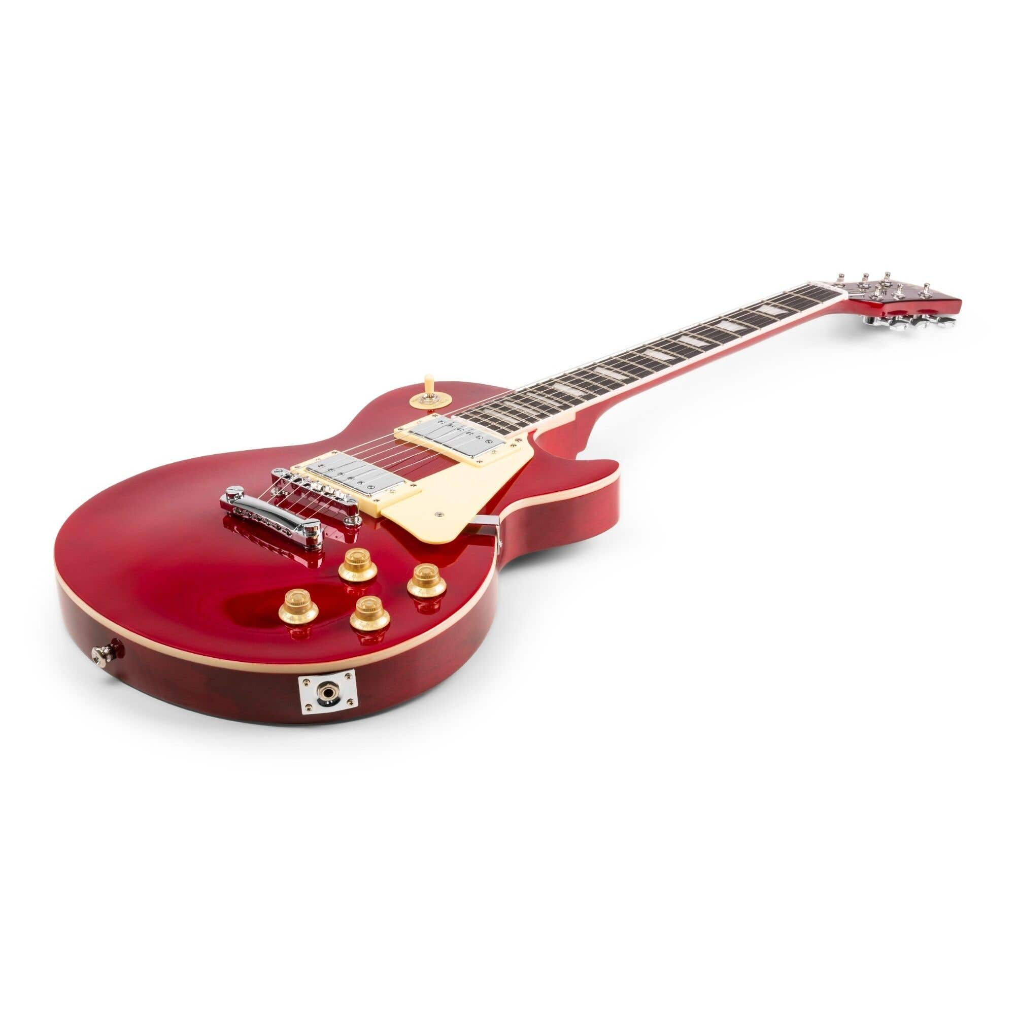 Guitarra eléctrica roja inclinada a la derecha, fondo blanco. Cuerpo visible.