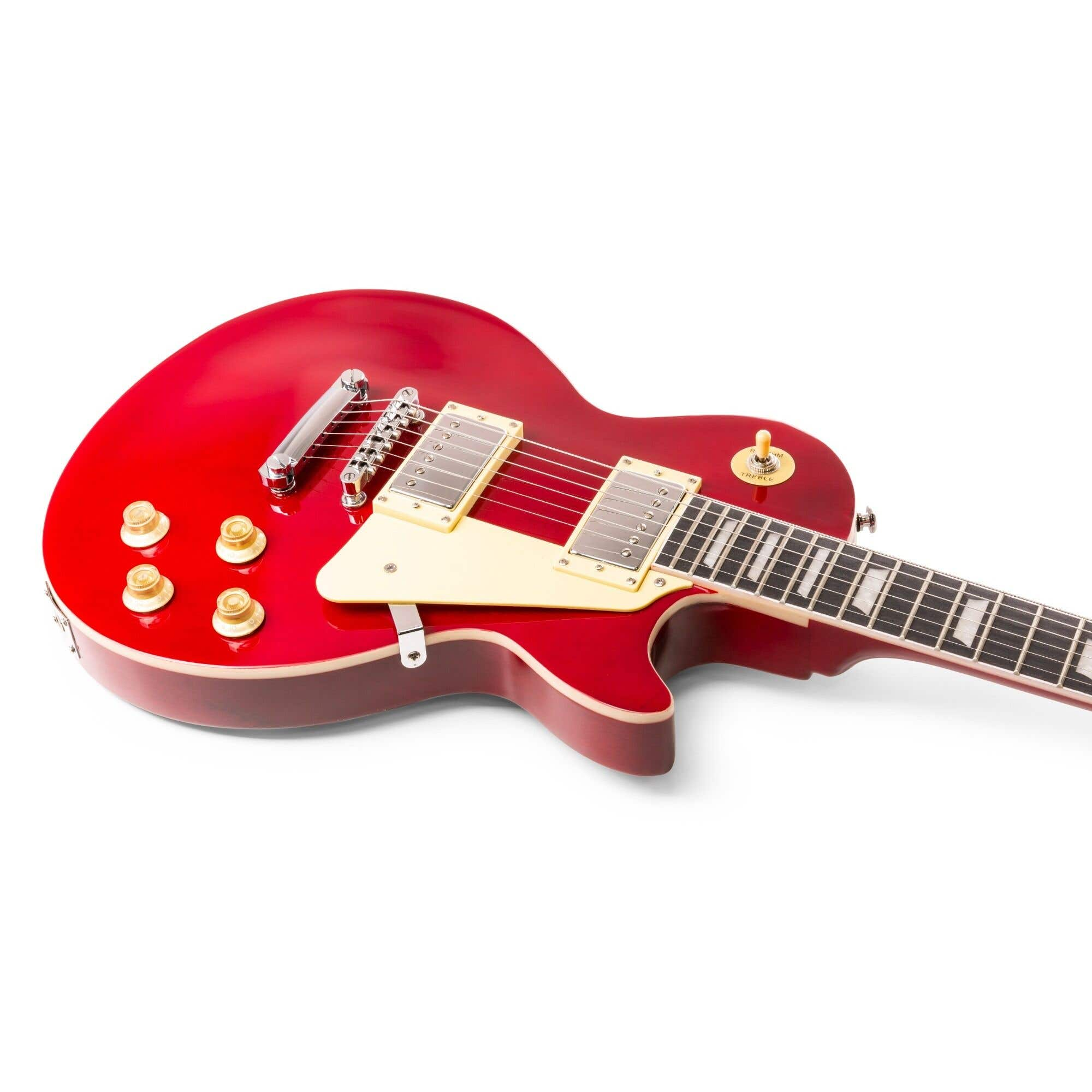 Primer plano del cuerpo de una guitarra eléctrica roja con herrajes dorados.