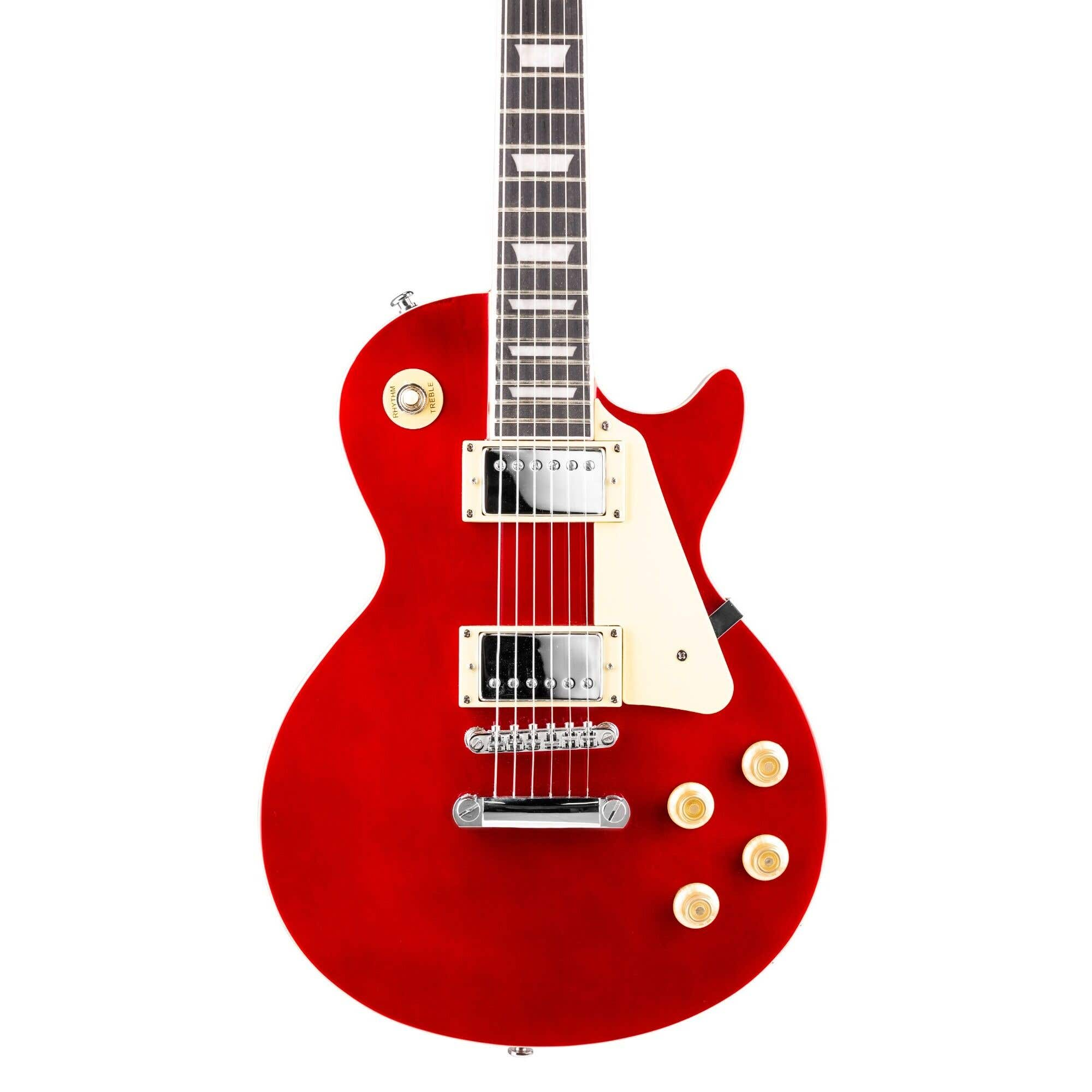 Primer plano de una guitarra eléctrica roja sobre blanco. El cuerpo está centrado.