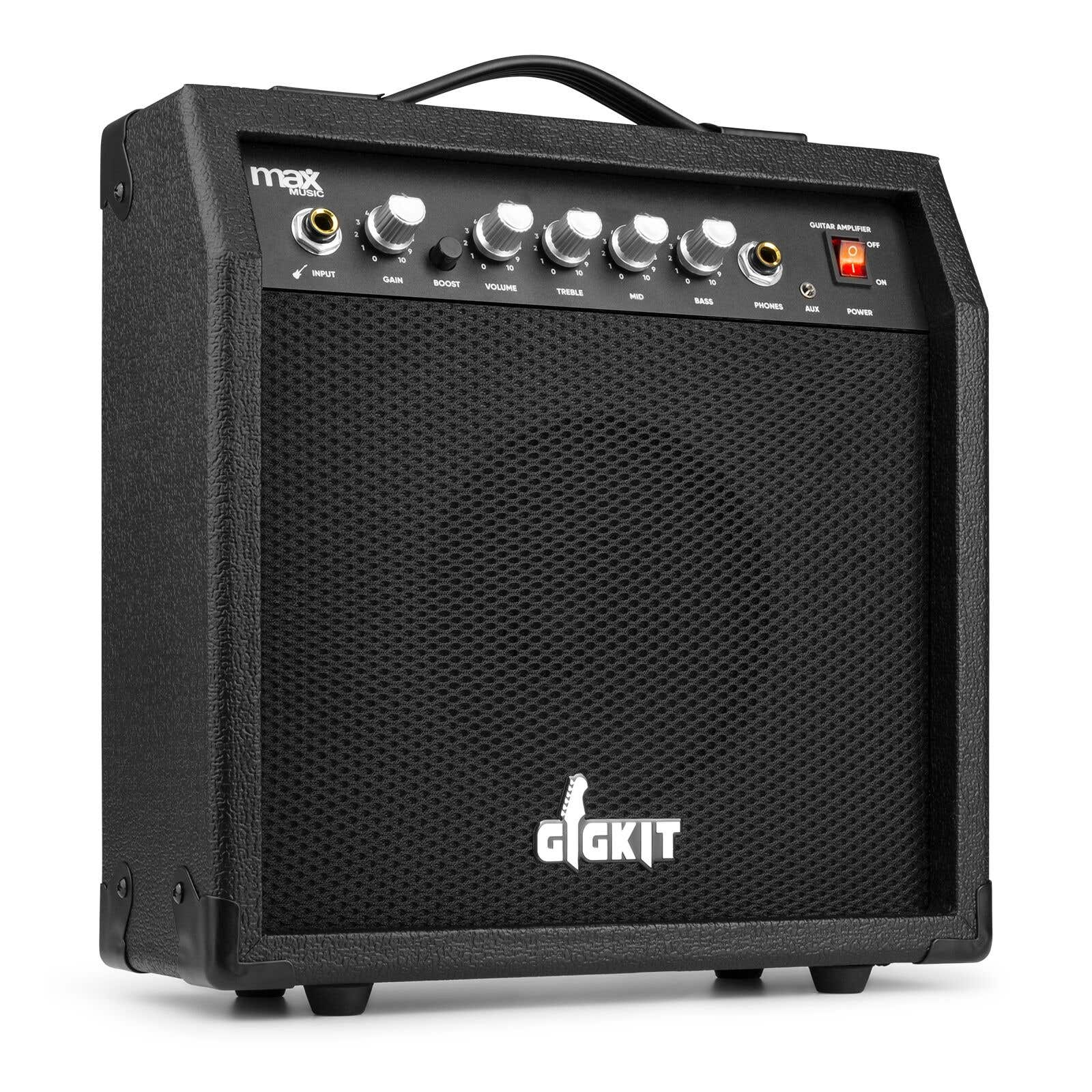 Amplificador de guitarra negro con frontal de malla, panel de control y asa.
