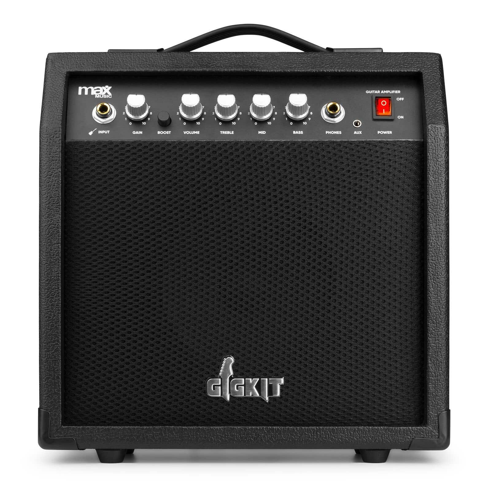 Amplificador de guitarra negro con perillas, entradas y asa.