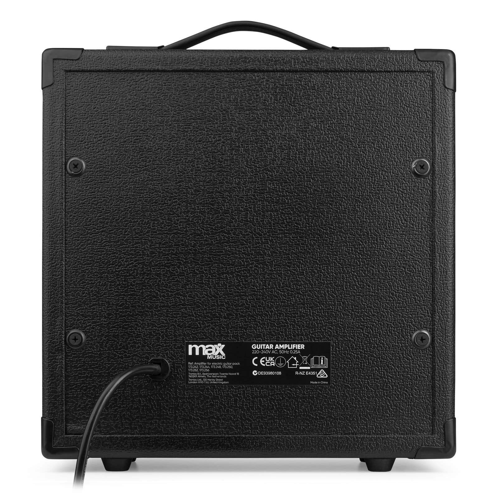 Vista trasera de un amplificador de guitarra negro con tornillos visibles y una etiqueta.
