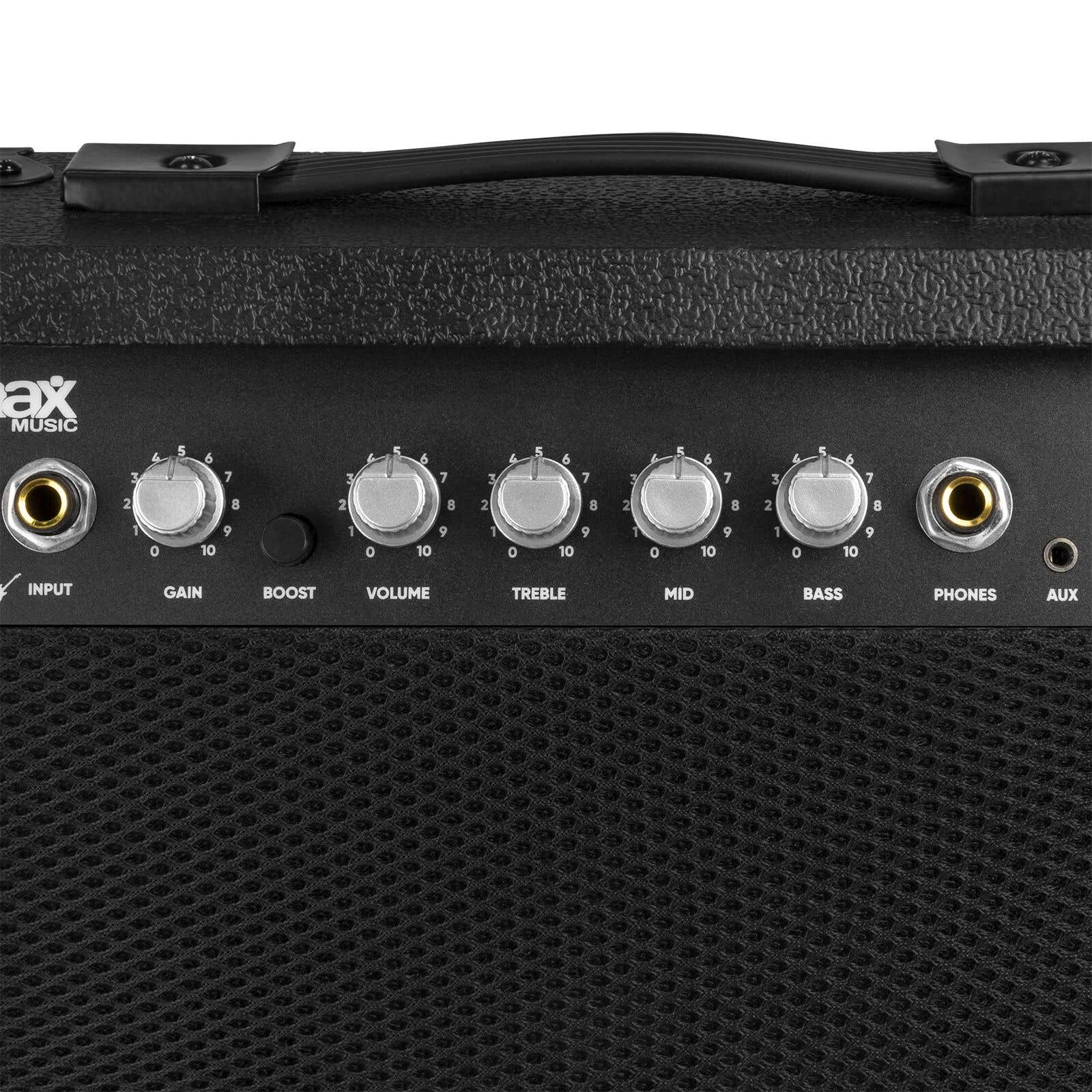Panel de control de amplificador de guitarra negro con entrada, ganancia, refuerzo, volumen, agudos, medios, graves, auriculares, aux.