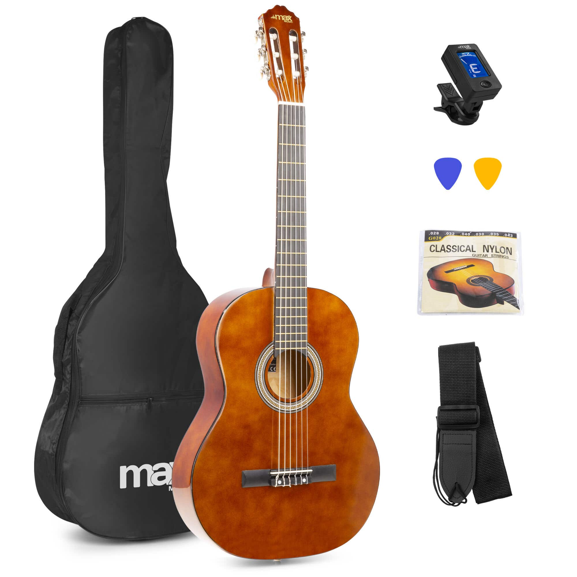 Bruine akoestische gitaar met zwarte koffer, tuner, plectrums, snaren en riem.
